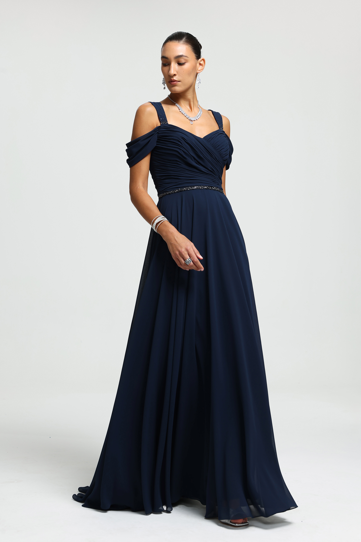 Beaded Strap Ruched Cold-Shoulder Gown