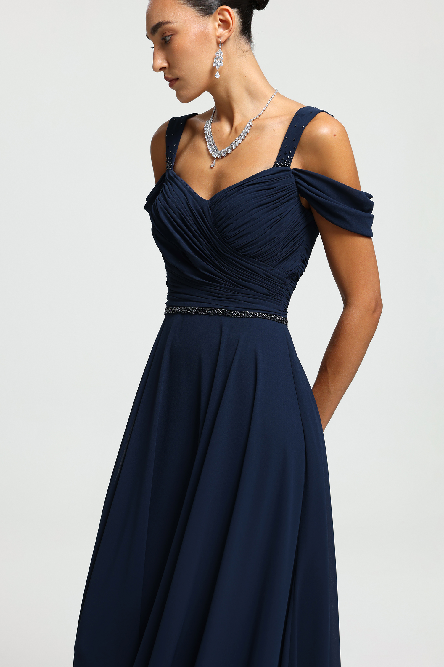 Beaded Strap Ruched Cold-Shoulder Gown