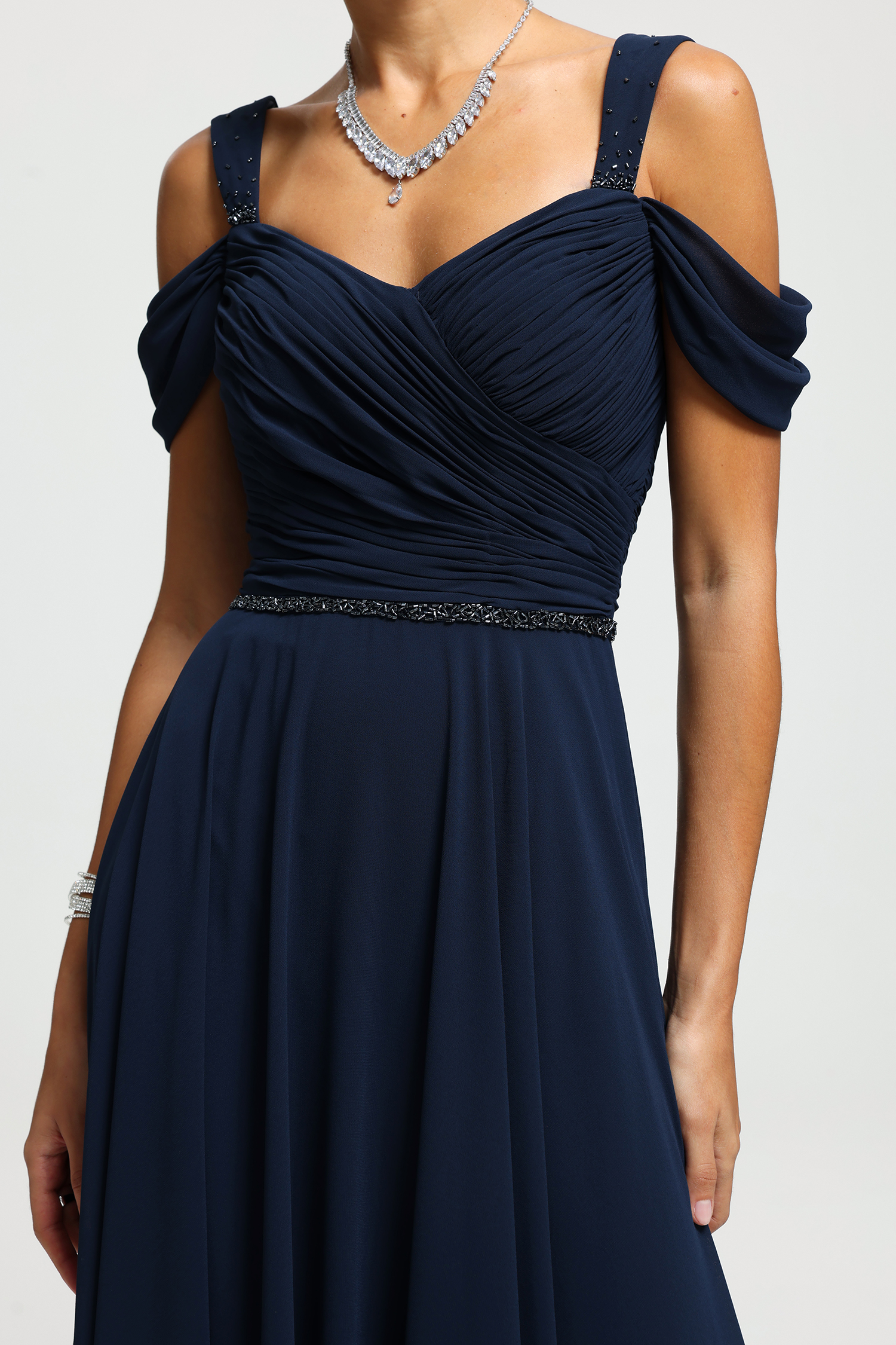Beaded Strap Ruched Cold-Shoulder Gown