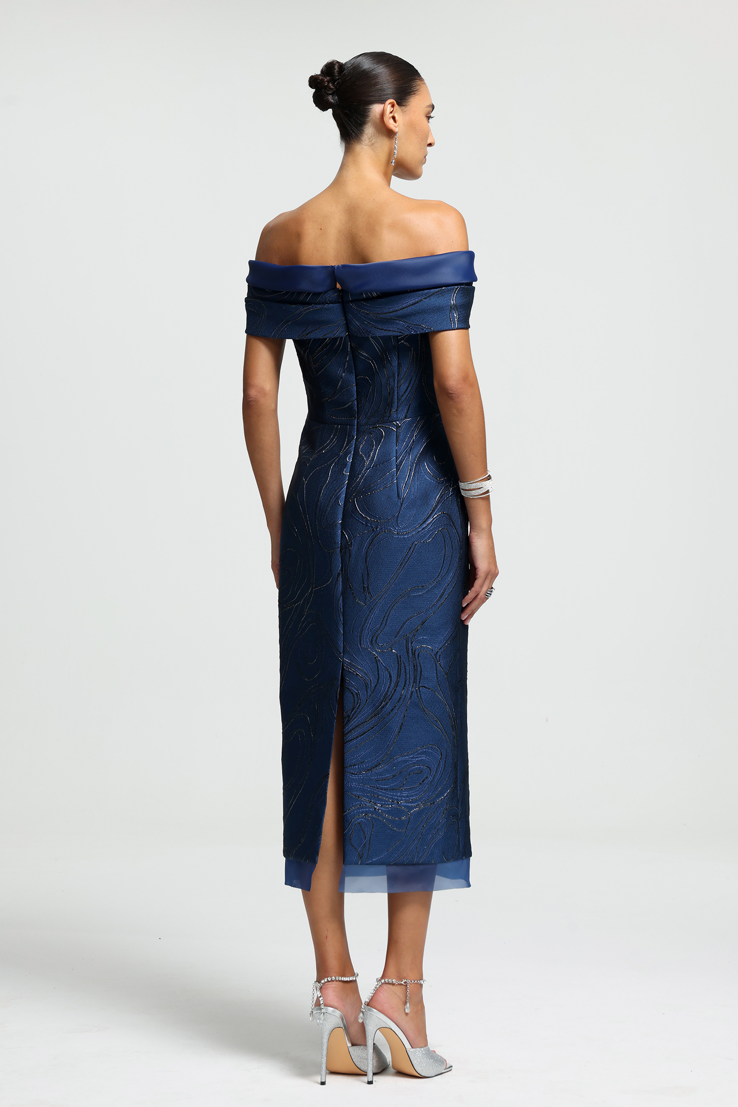 Off-Shoulder Rosette Jacquard Midi Dress