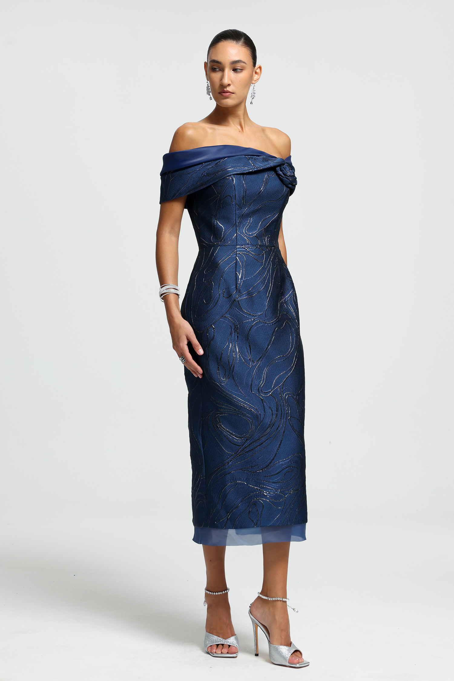 Off-Shoulder Rosette Jacquard Midi Dress