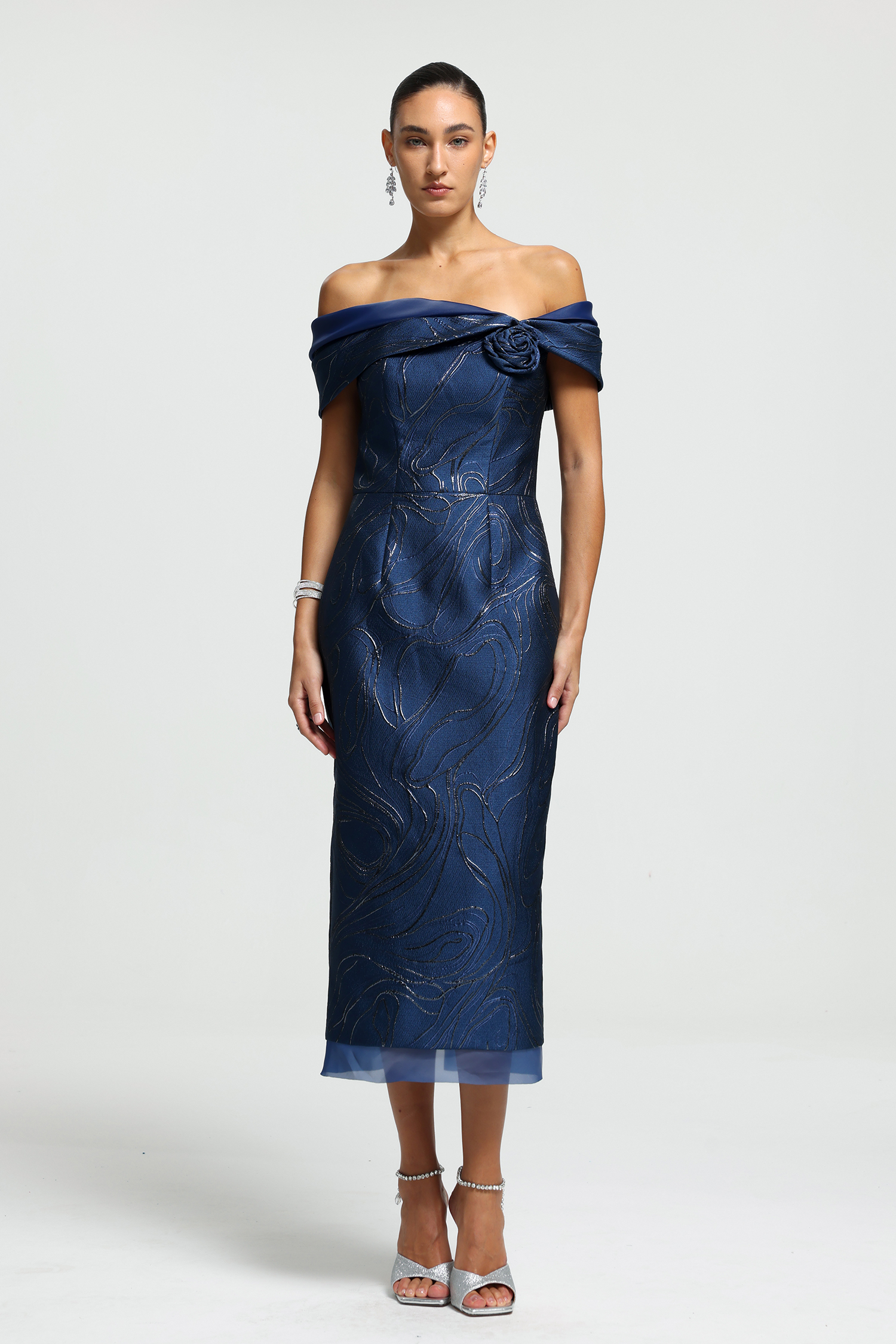 Off-Shoulder Rosette Jacquard Midi Dress