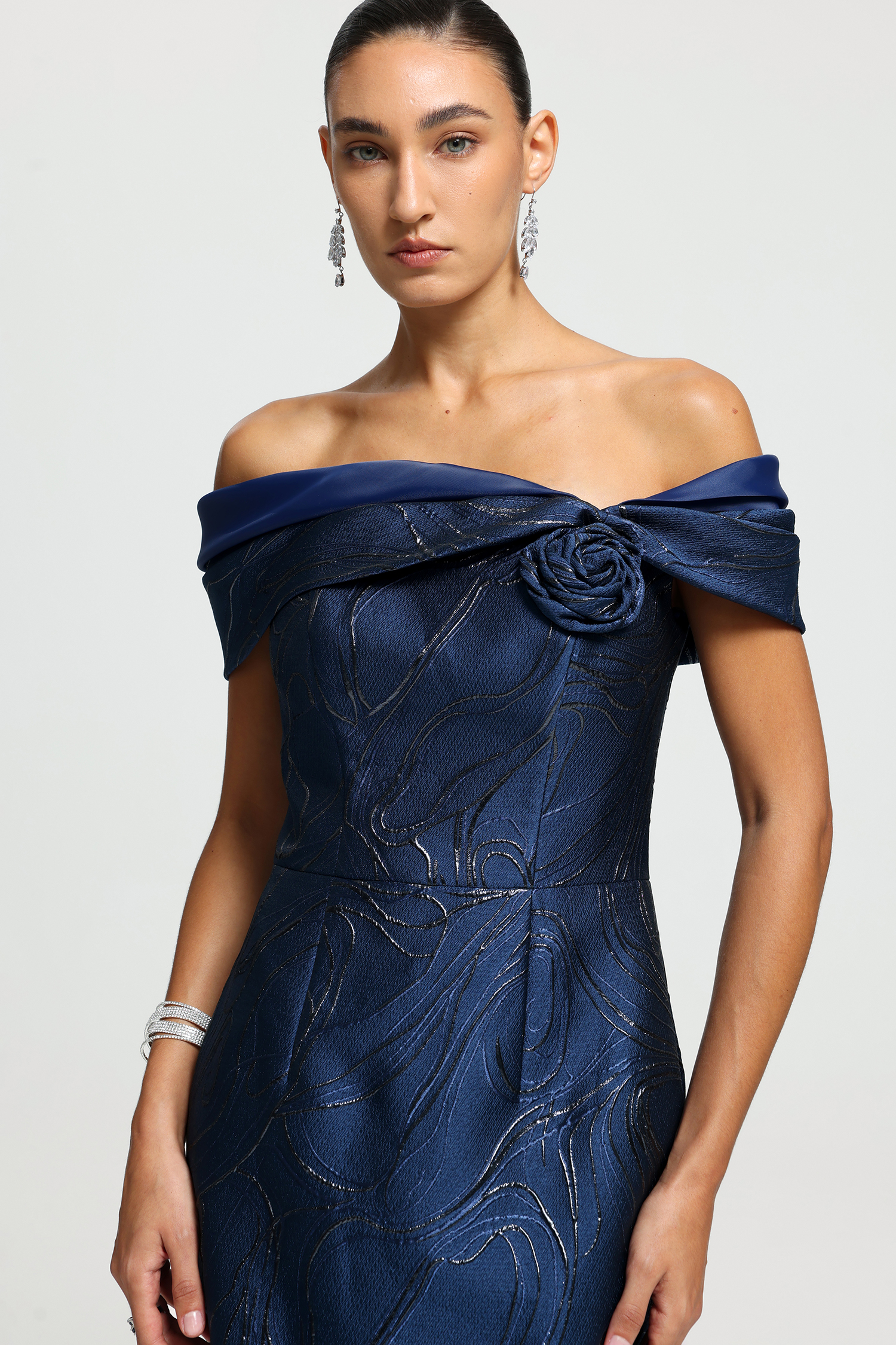 Off-Shoulder Rosette Jacquard Midi Dress