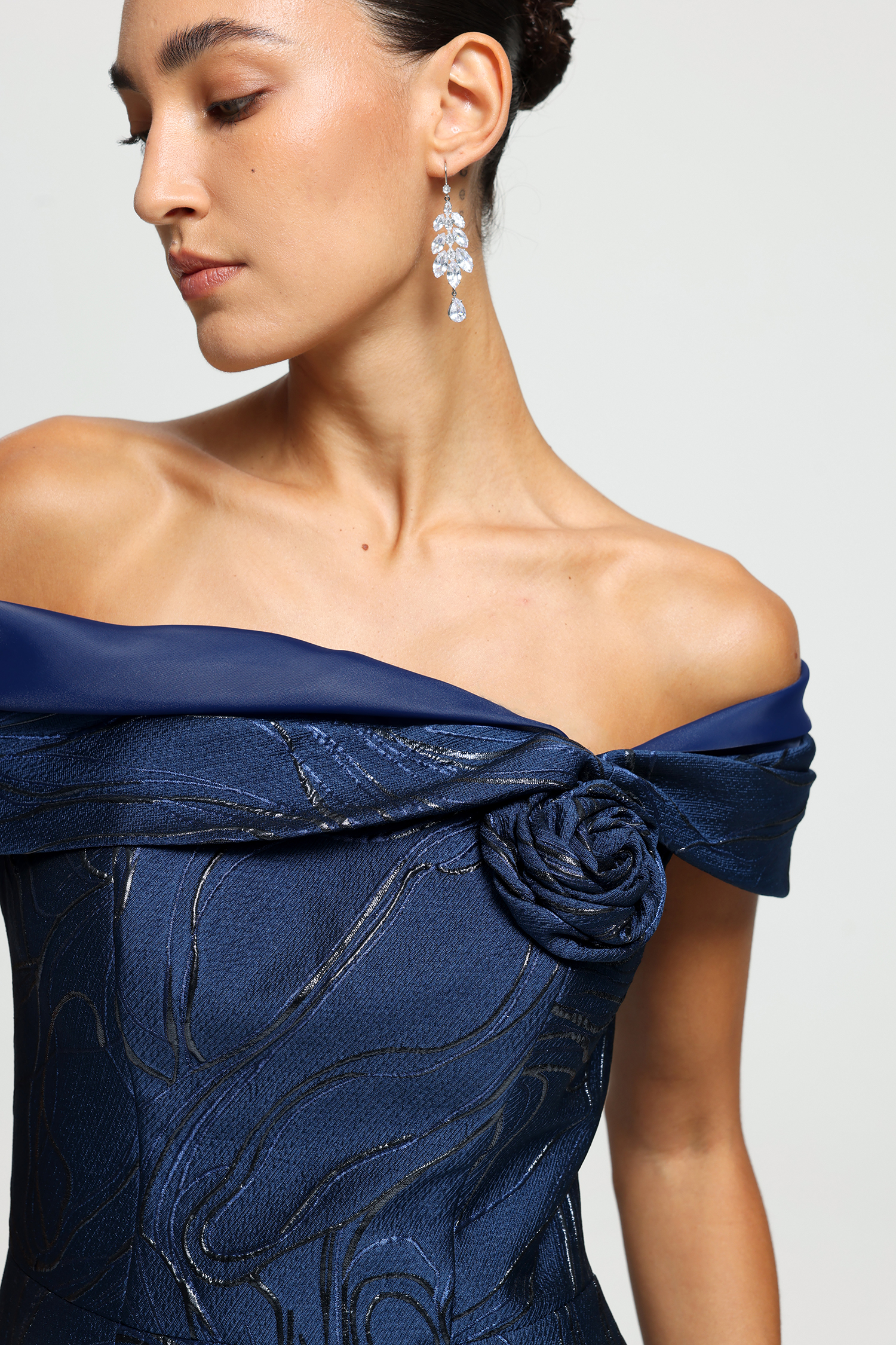 Off-Shoulder Rosette Jacquard Midi Dress