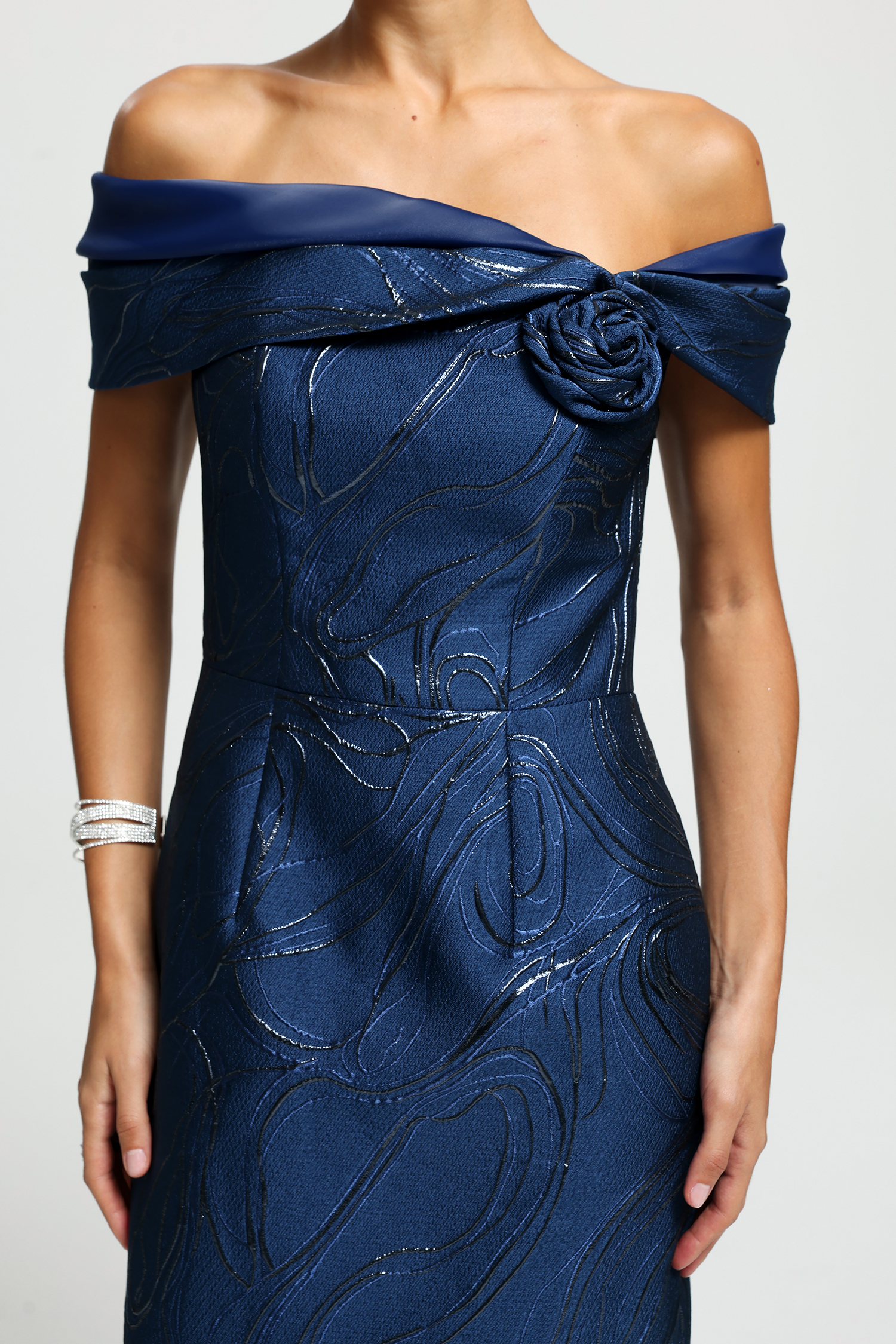 Off-Shoulder Rosette Jacquard Midi Dress