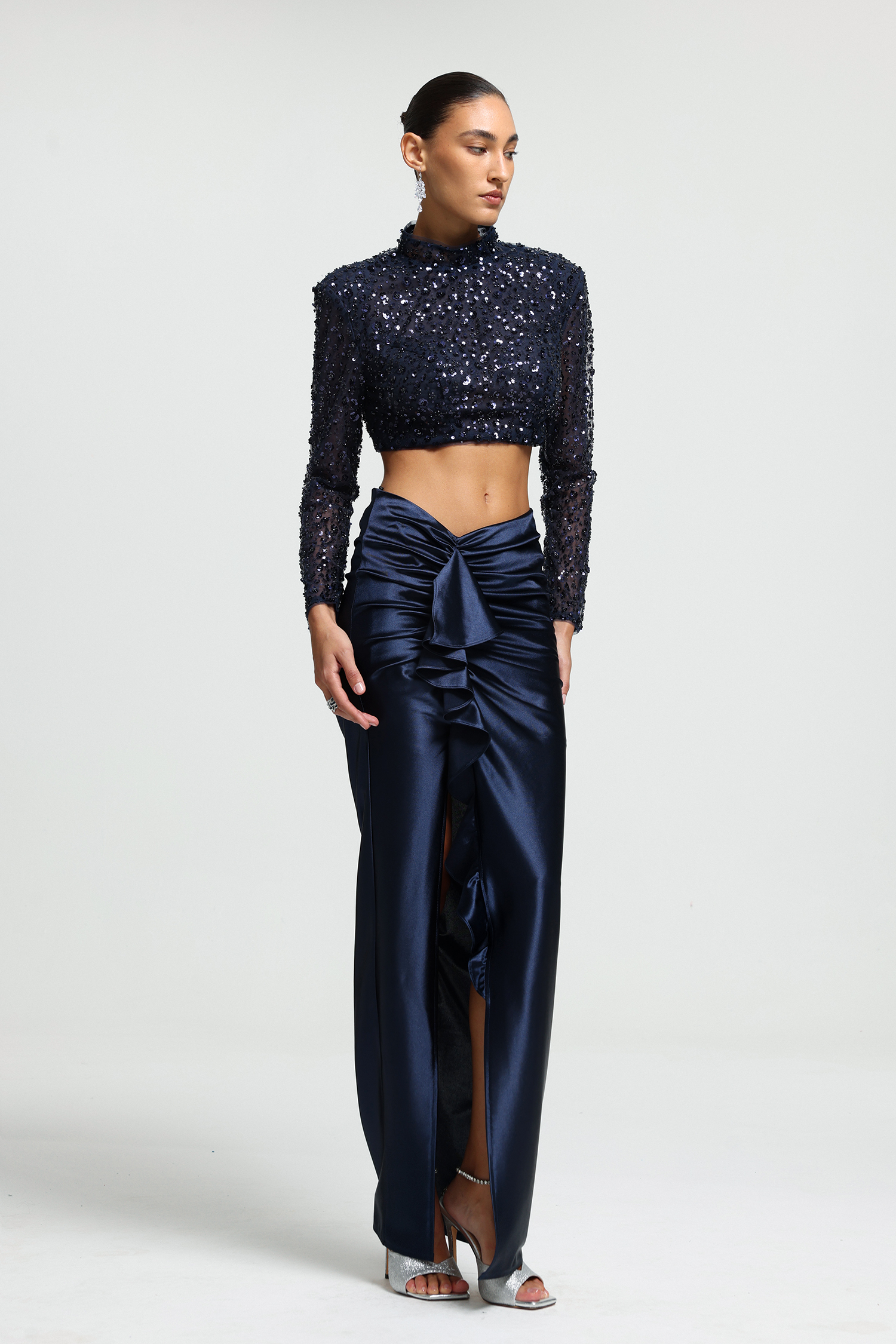 Sequin Crop Top Ruched Maxi Set