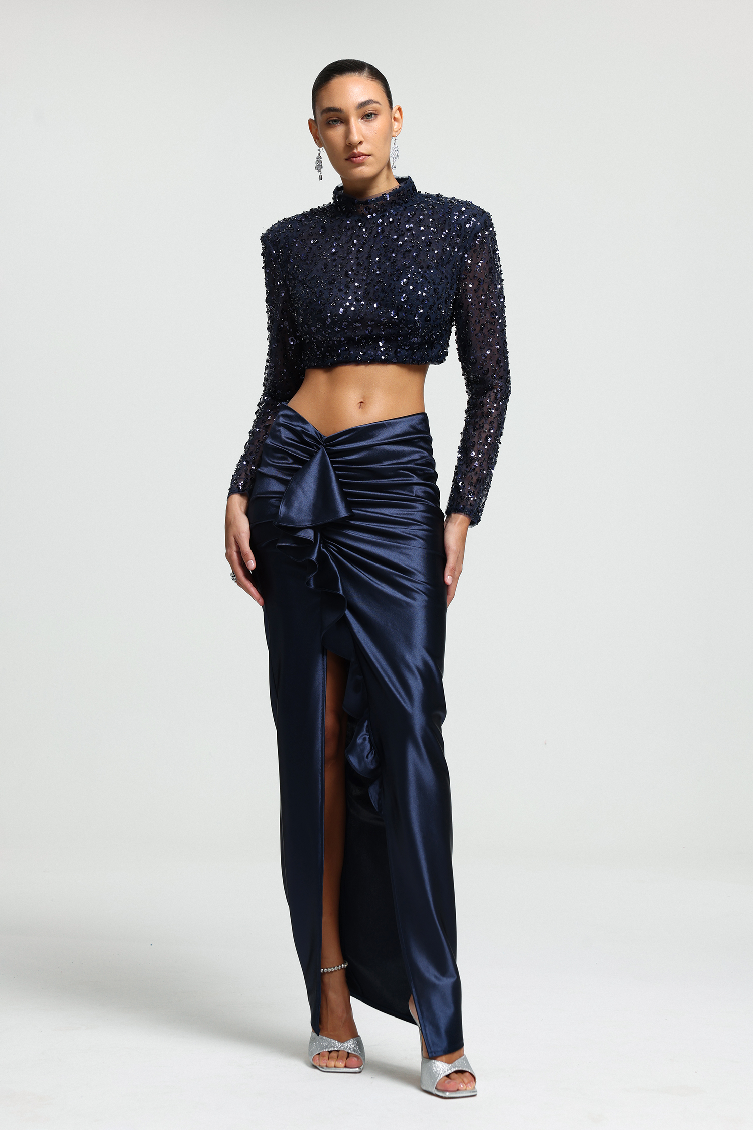 Sequin Crop Top Ruched Maxi Set