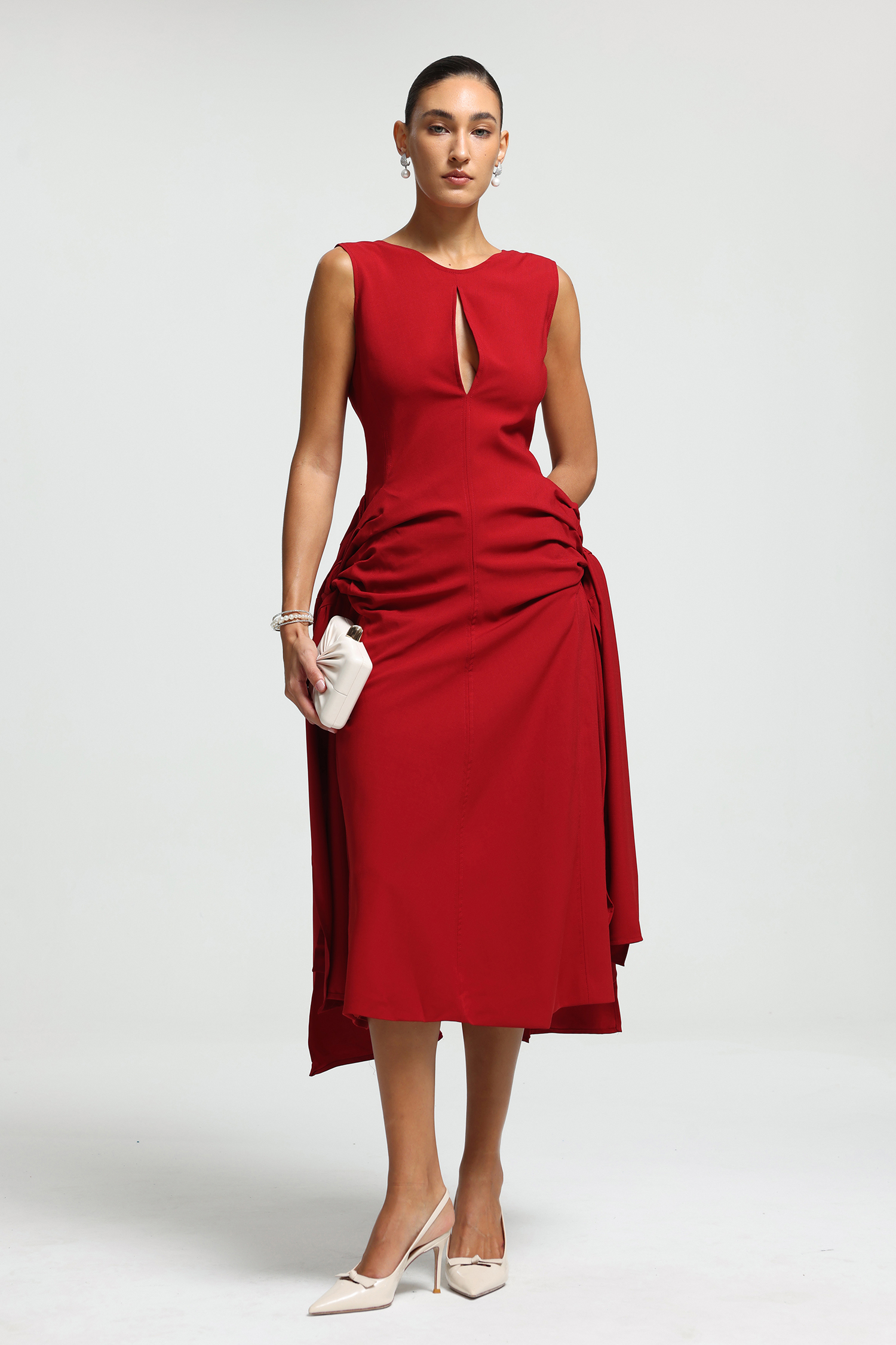 Sculpted Keyhole Draped Midi Dress