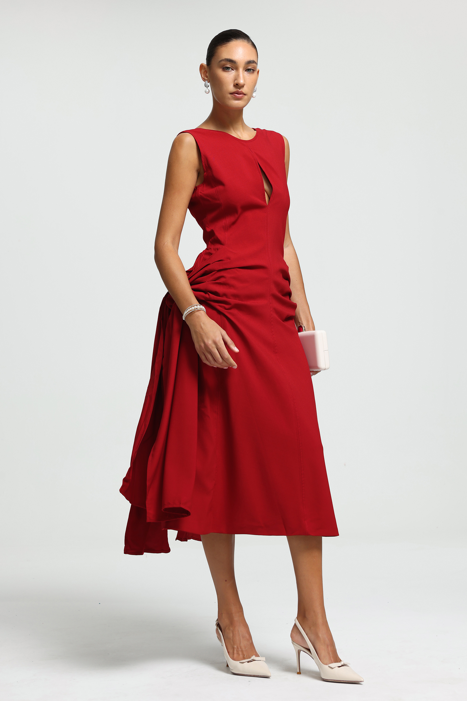 Sculpted Keyhole Draped Midi Dress