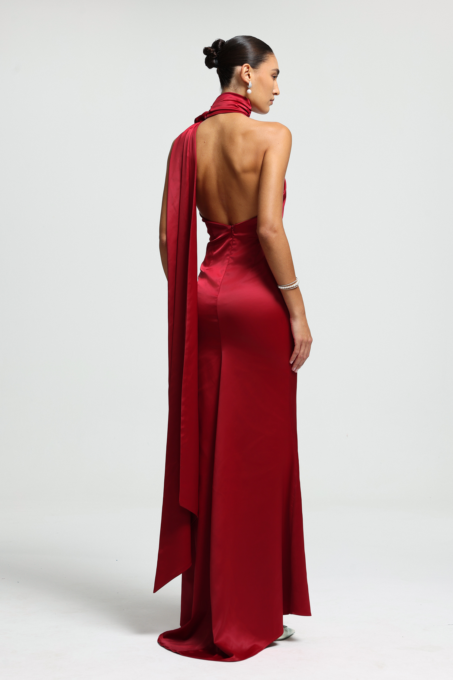 One-Shoulder Rosette Scarf Satin Maxi Dress