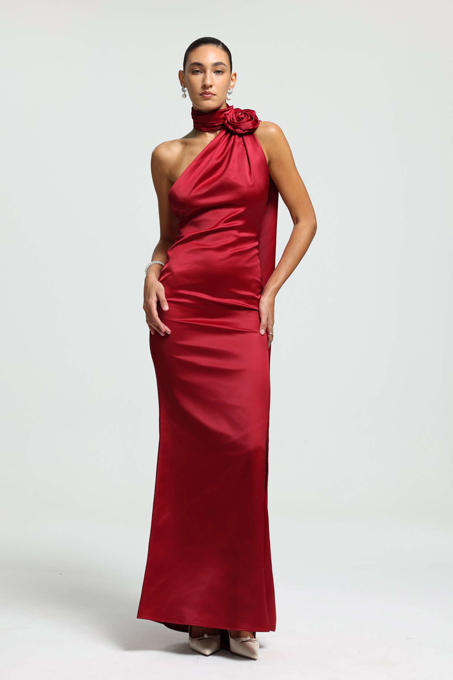 One-Shoulder Rosette Scarf Satin Maxi Dress