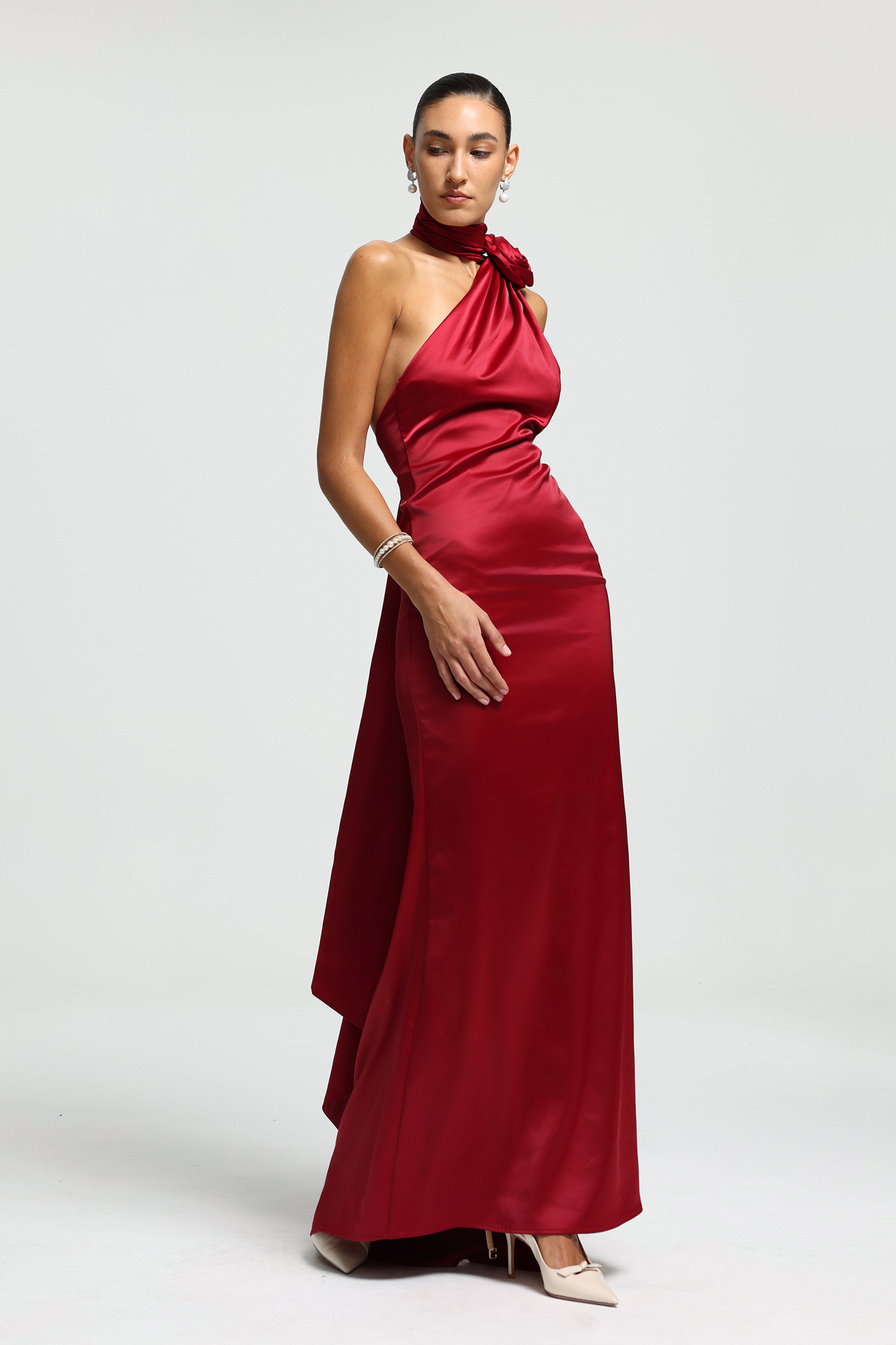 One-Shoulder Rosette Scarf Satin Maxi Dress