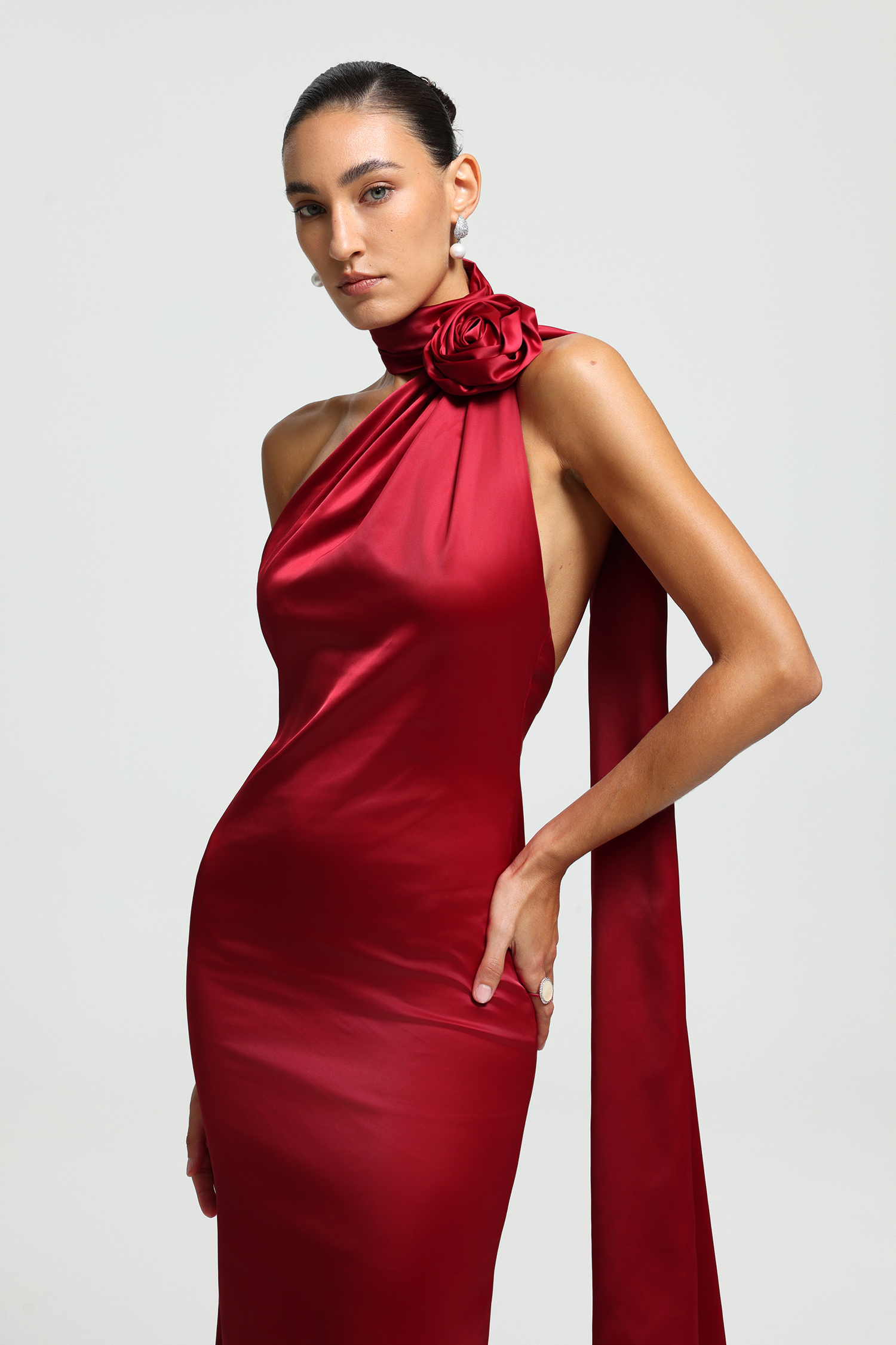 One-Shoulder Rosette Scarf Satin Maxi Dress