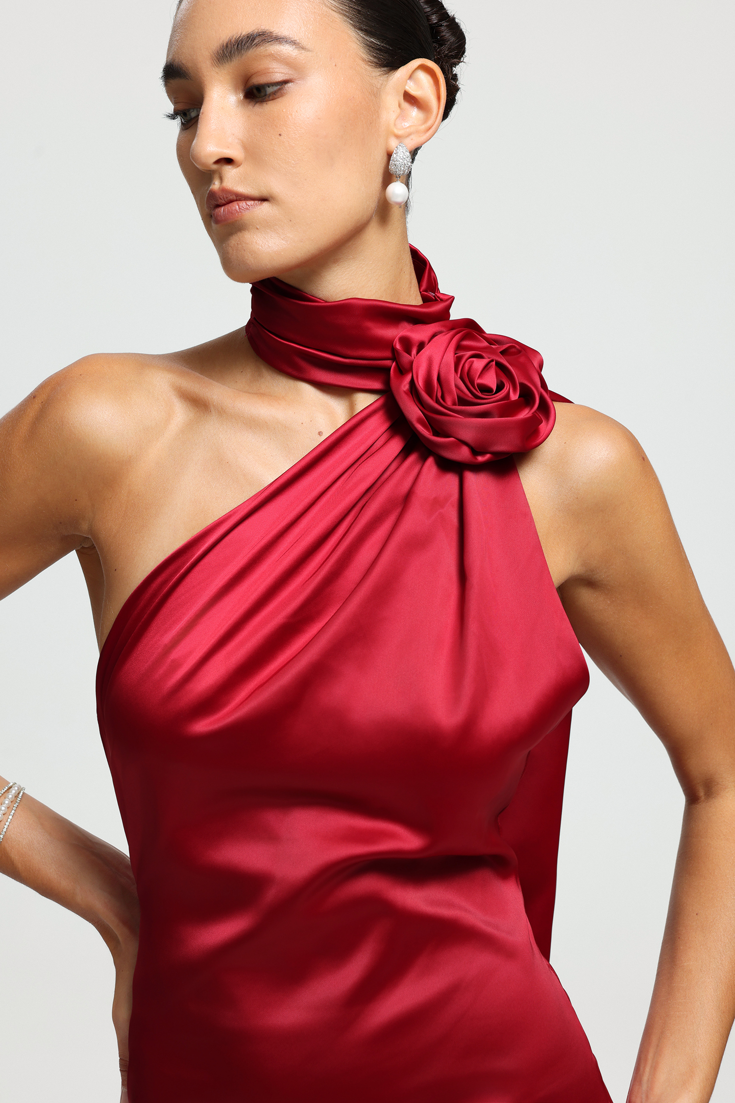 One-Shoulder Rosette Scarf Satin Maxi Dress