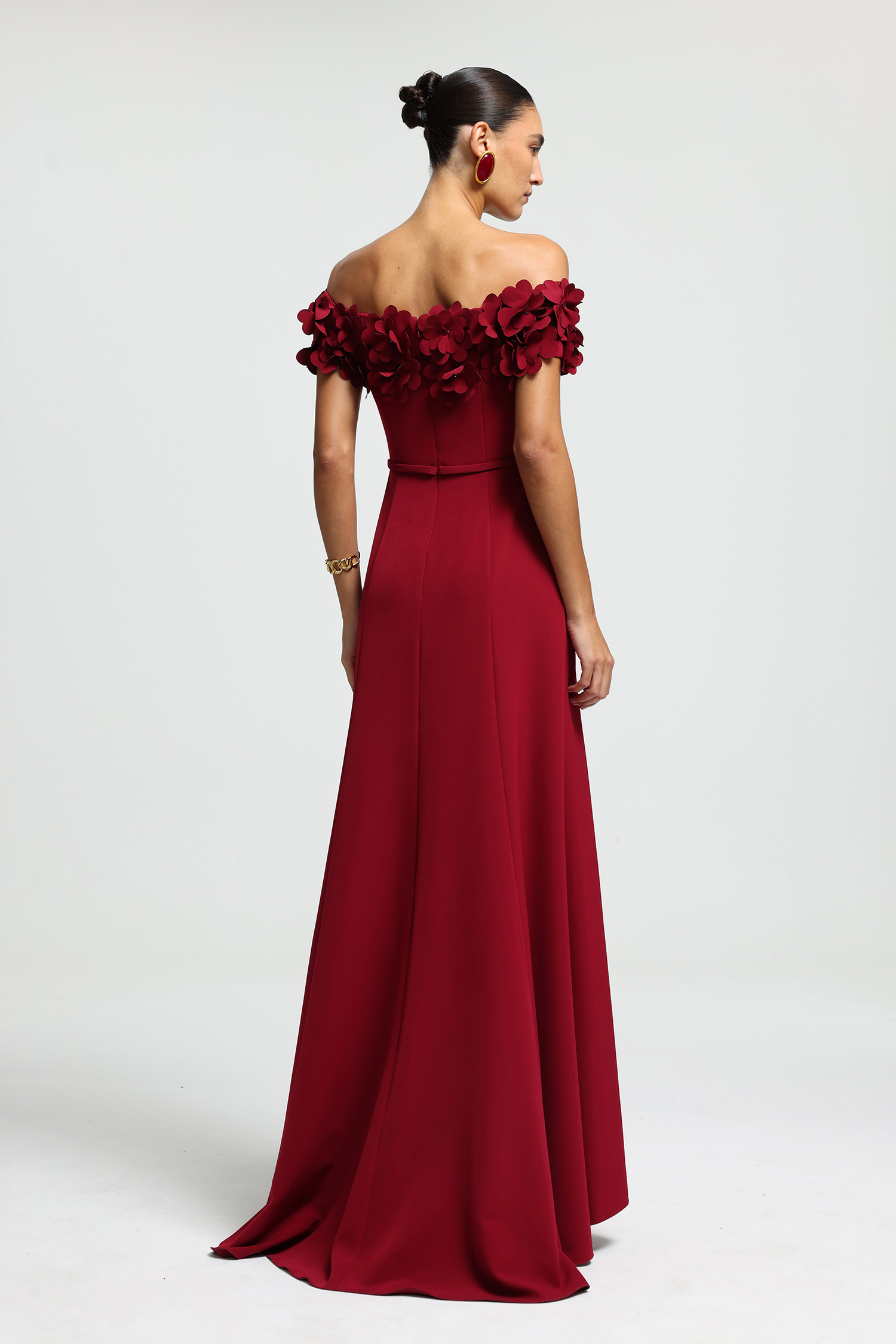 Off-Shoulder Floral Appliqué Slit Maxi Dress