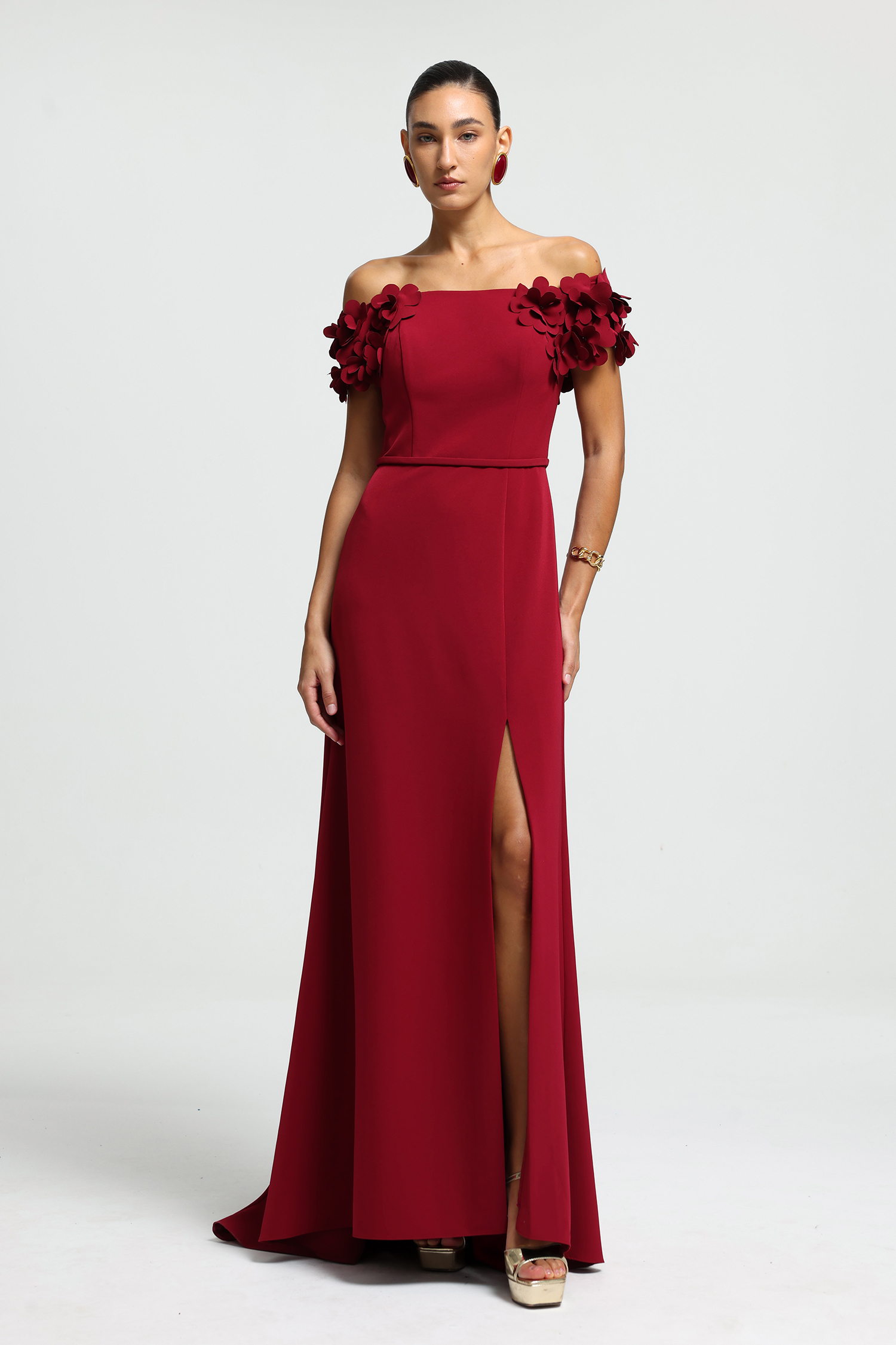 Off-Shoulder Floral Appliqué Slit Maxi Dress