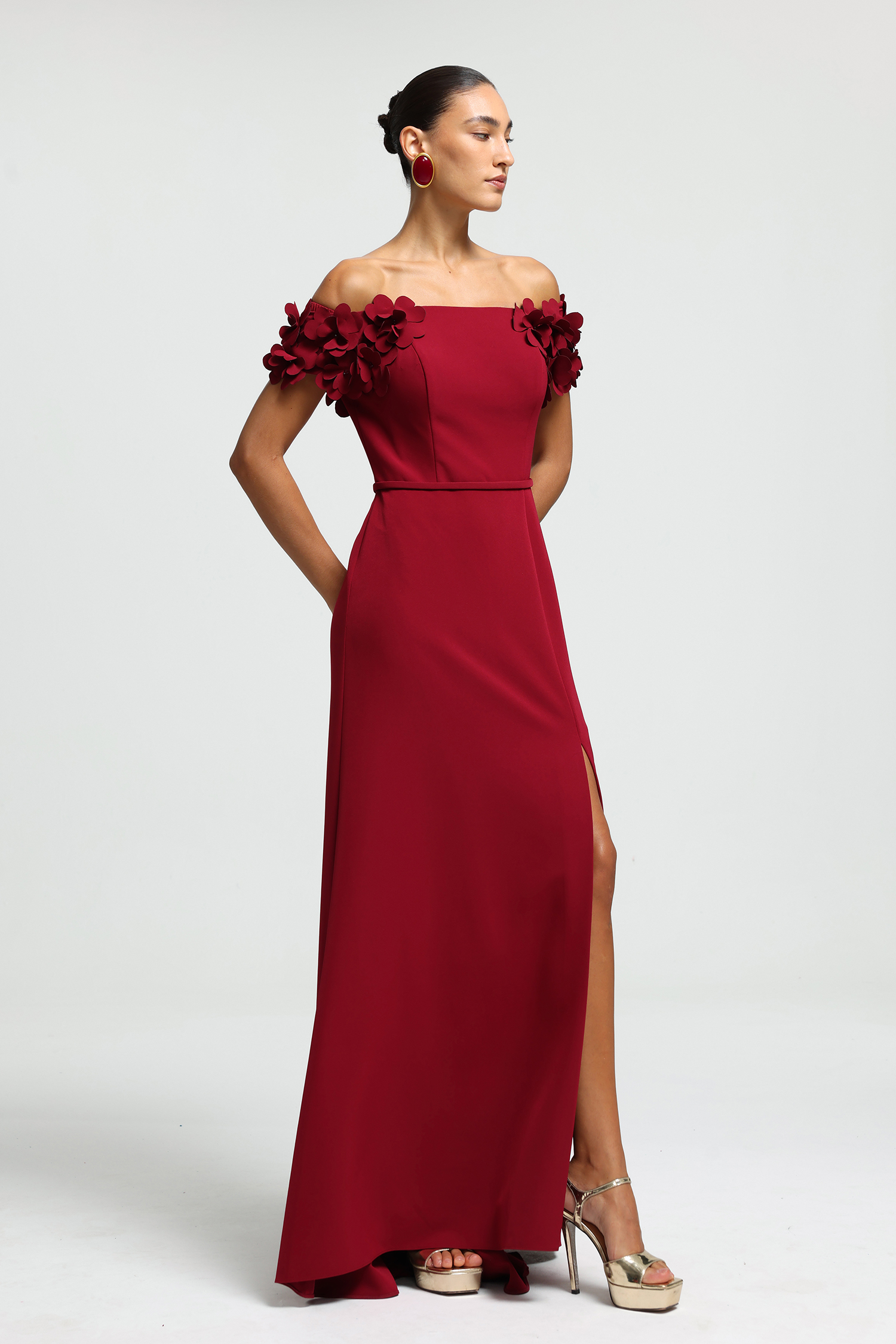 Off-Shoulder Floral Appliqué Slit Maxi Dress
