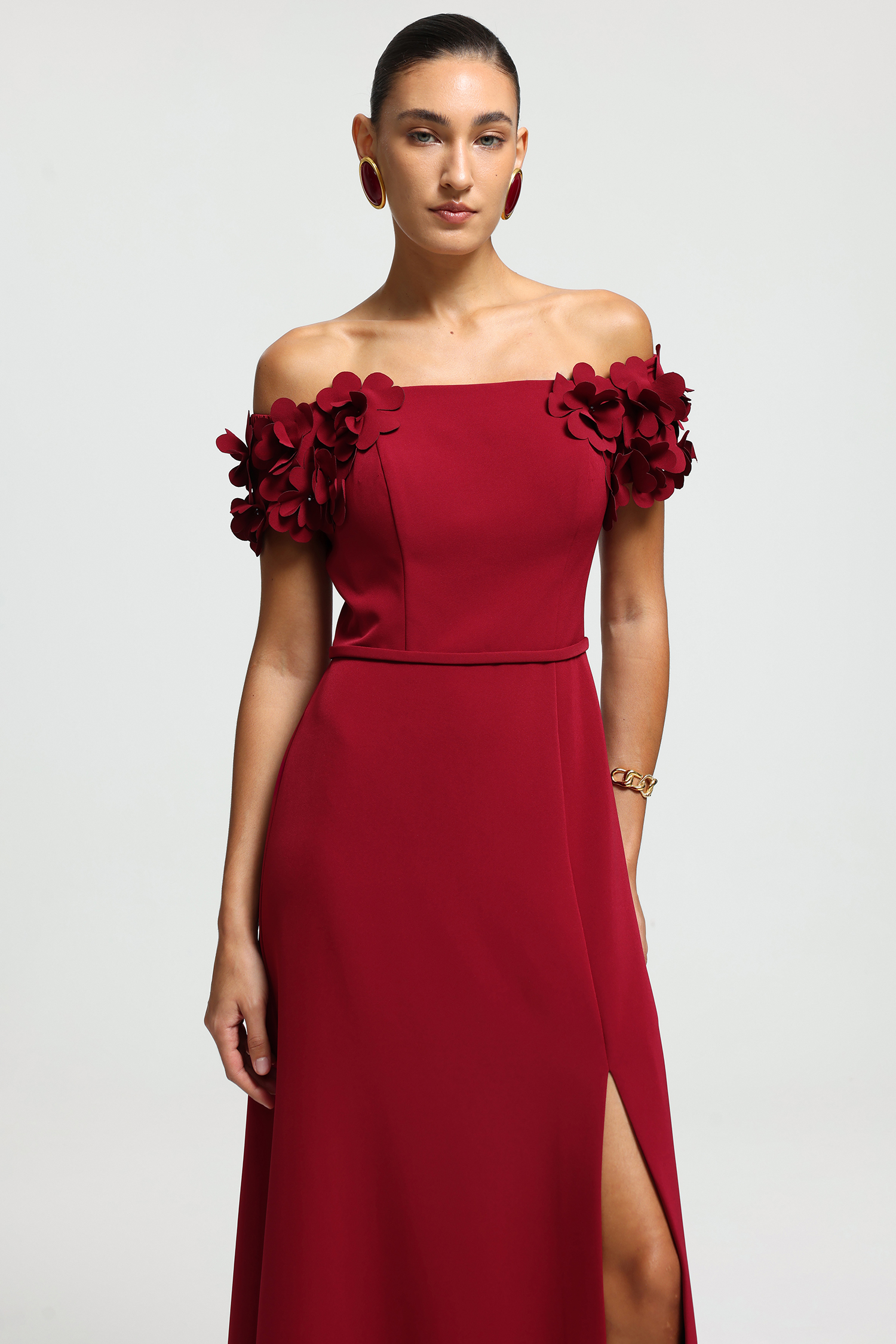Off-Shoulder Floral Appliqué Slit Maxi Dress