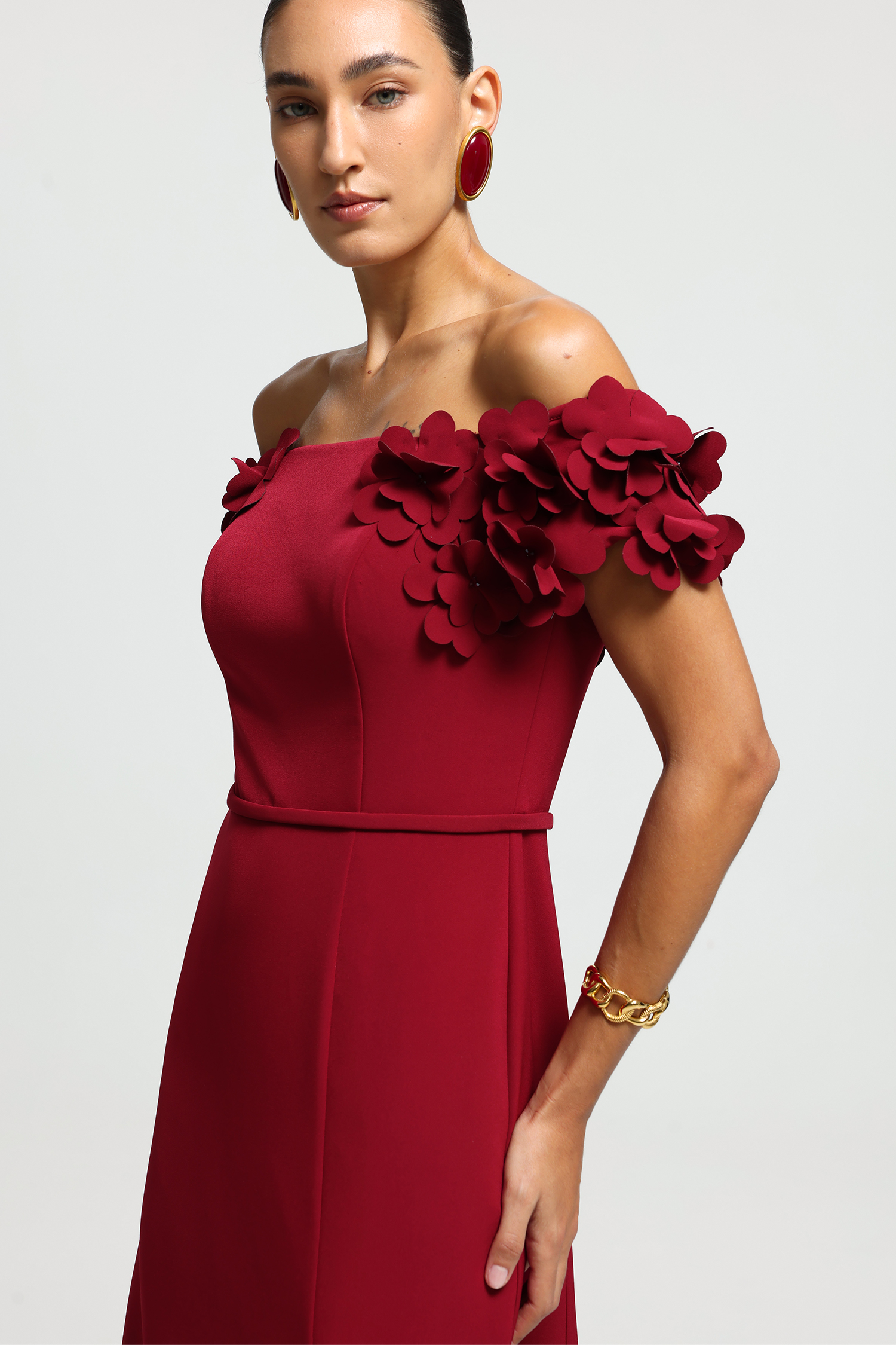 Off-Shoulder Floral Appliqué Slit Maxi Dress