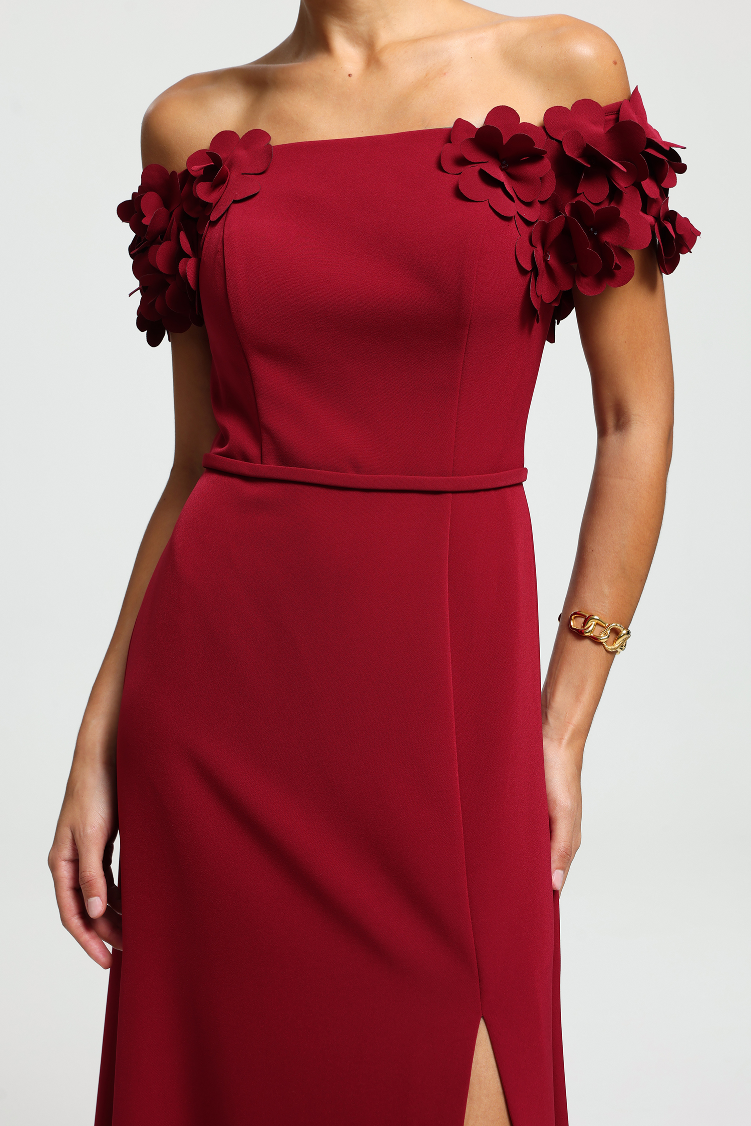 Off-Shoulder Floral Appliqué Slit Maxi Dress