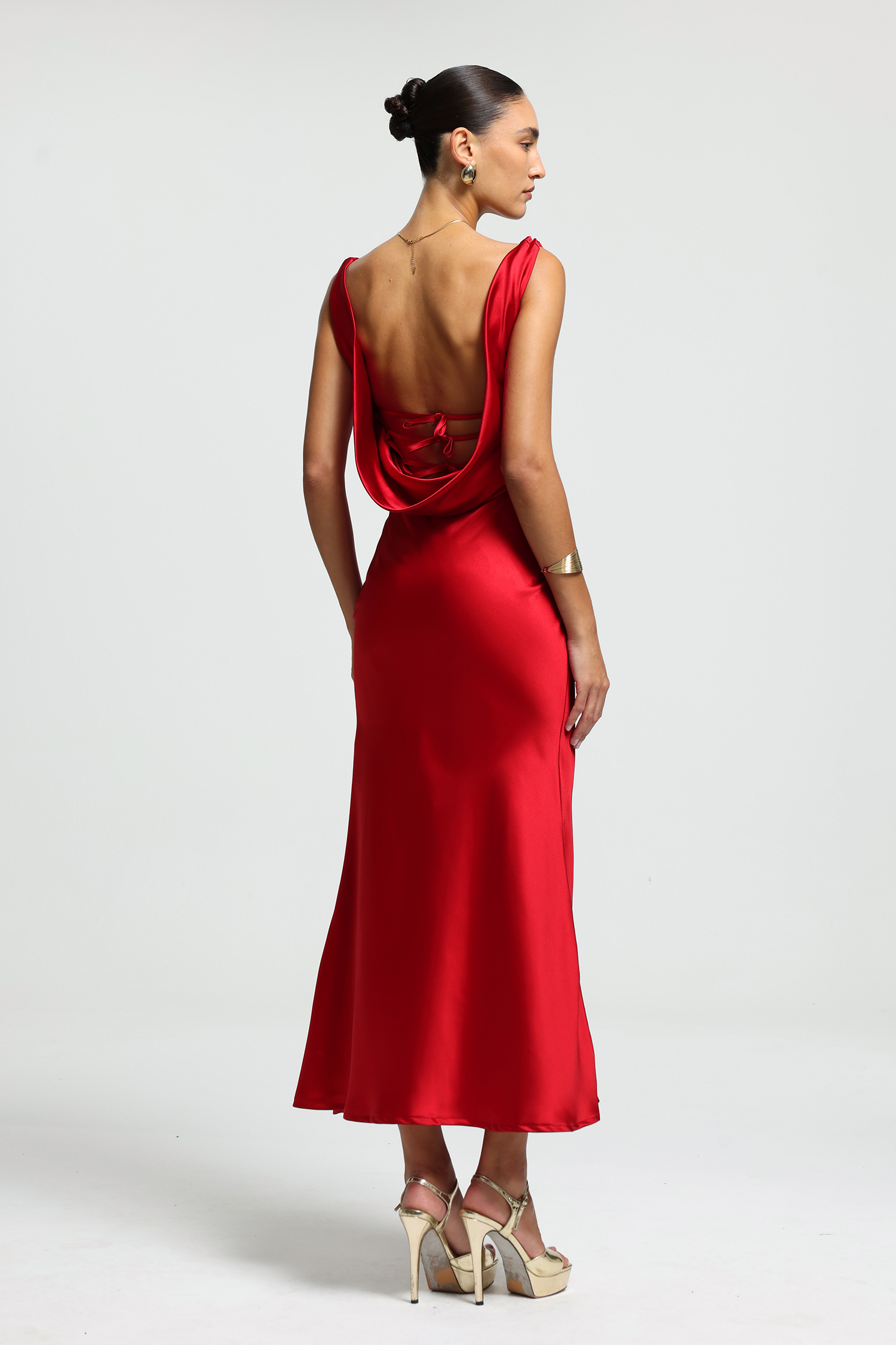 Cowl-Neck Bow-Back Satin Maxi Dress