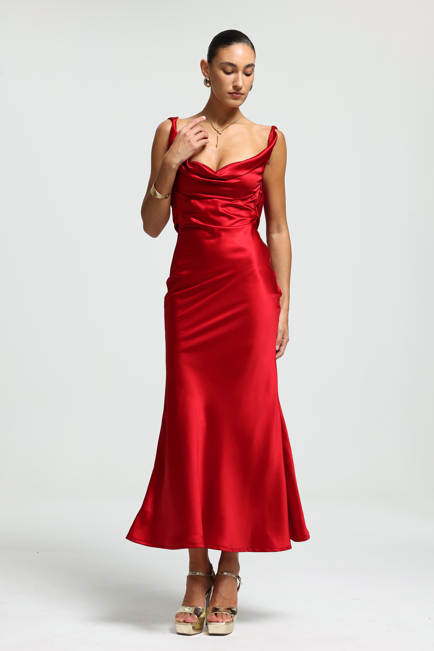 Cowl-Neck Bow-Back Satin Maxi Dress