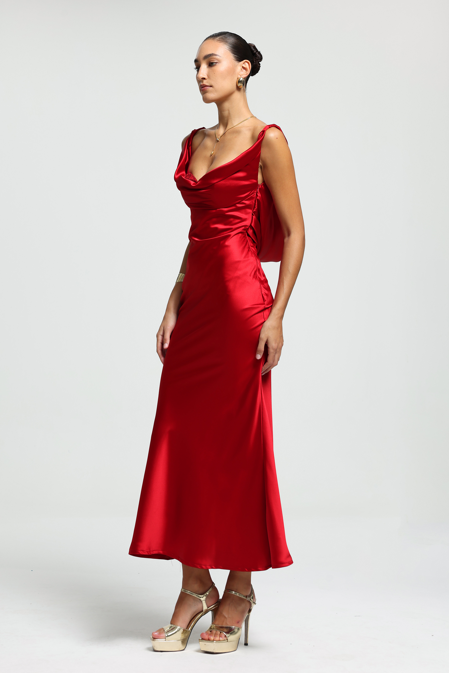 Cowl-Neck Bow-Back Satin Maxi Dress