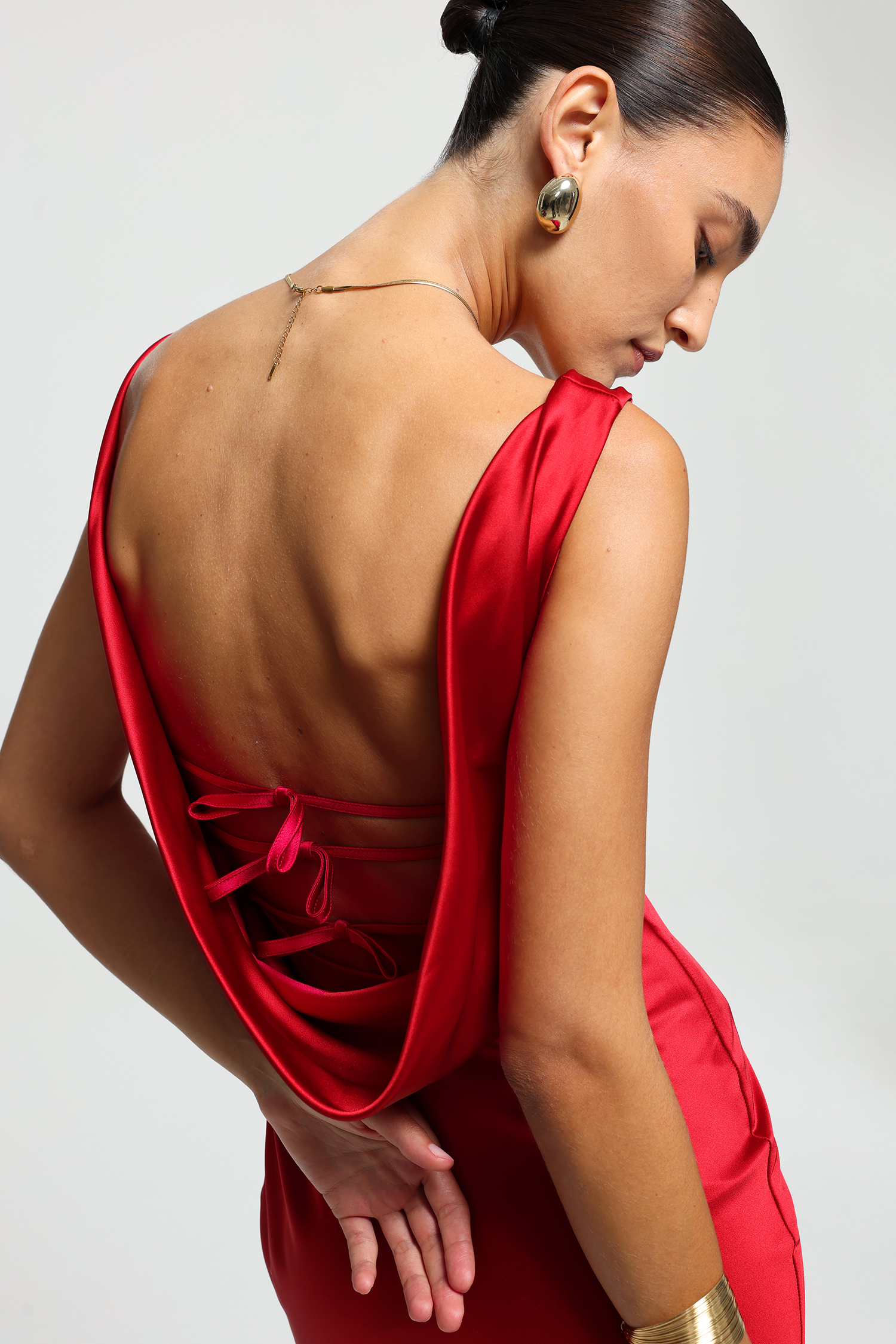 Cowl-Neck Bow-Back Satin Maxi Dress