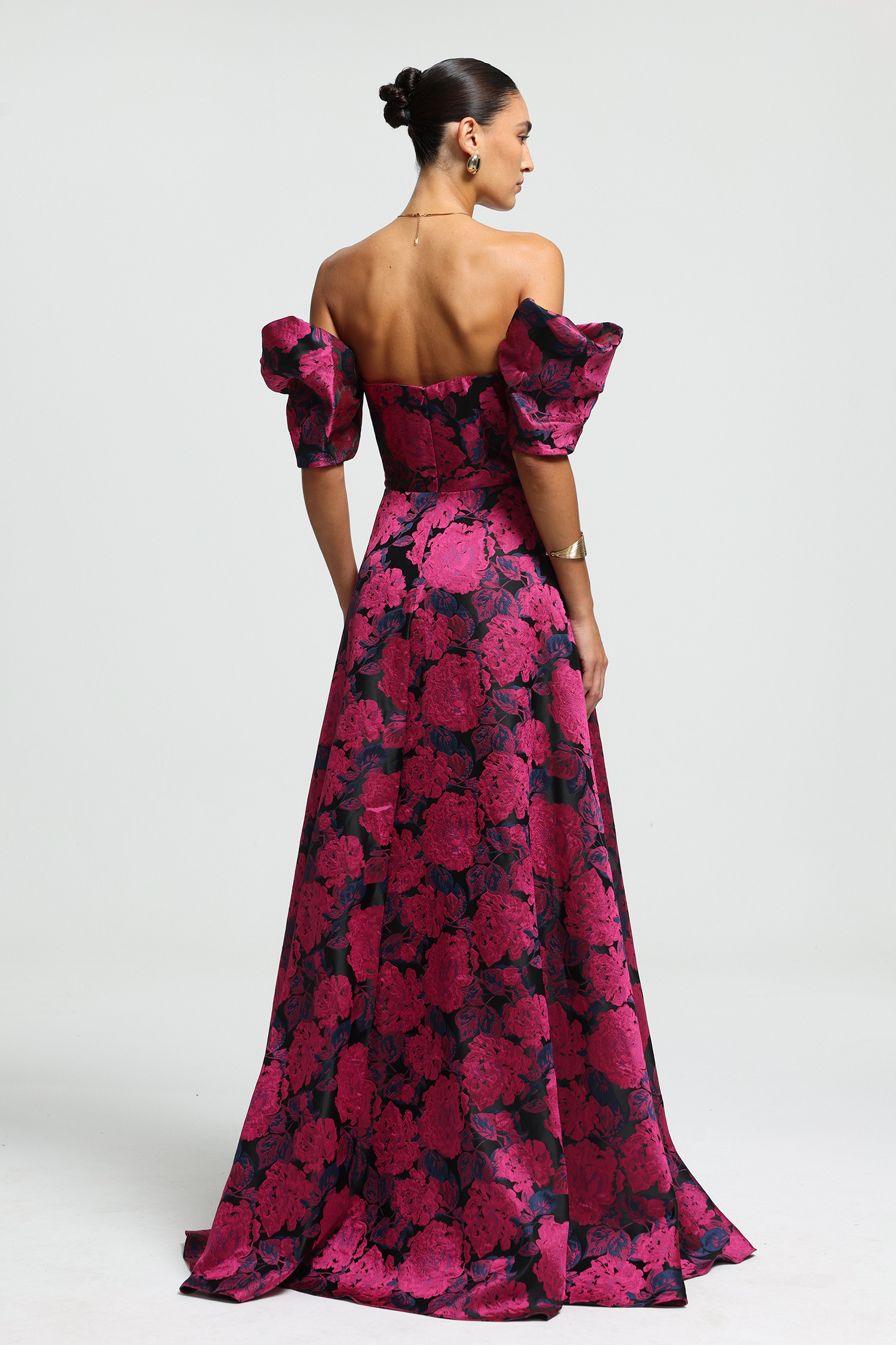 Off-Shoulder Puff Sleeve Jacquard Maxi Dress