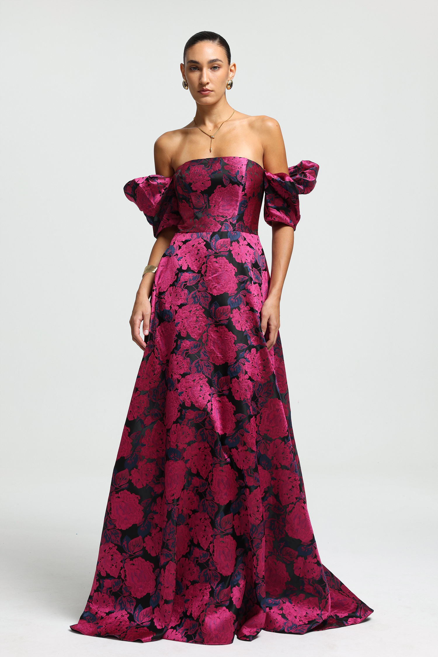 Off-Shoulder Puff Sleeve Jacquard Maxi Dress