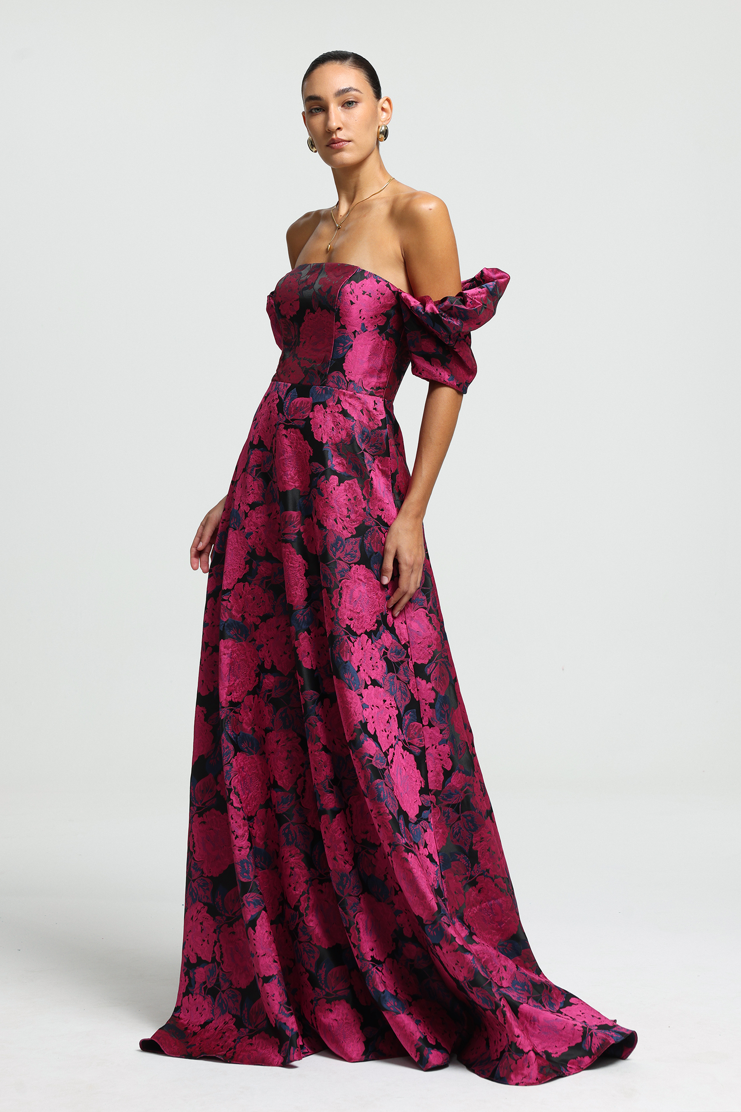 Off-Shoulder Puff Sleeve Jacquard Maxi Dress