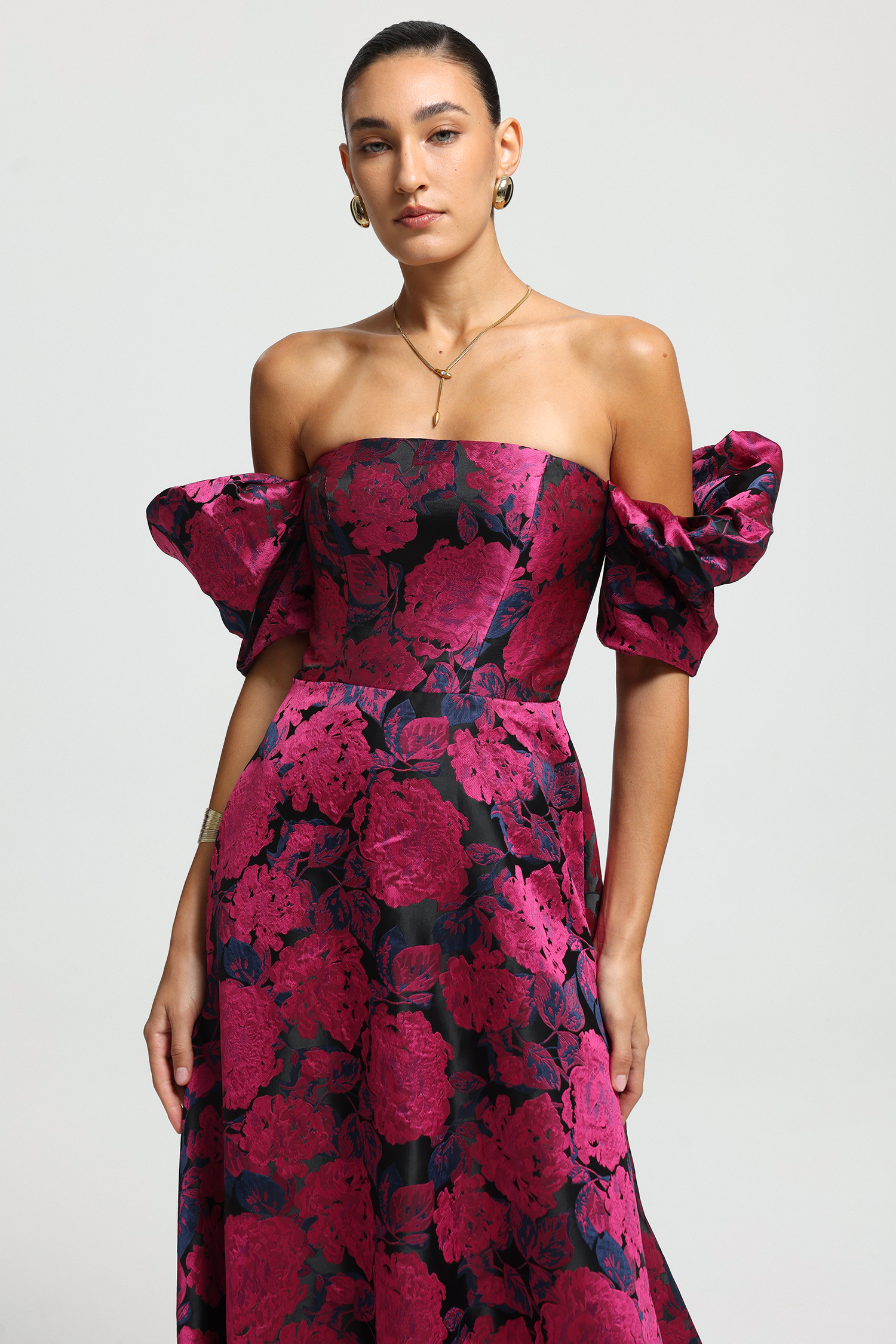 Off-Shoulder Puff Sleeve Jacquard Maxi Dress