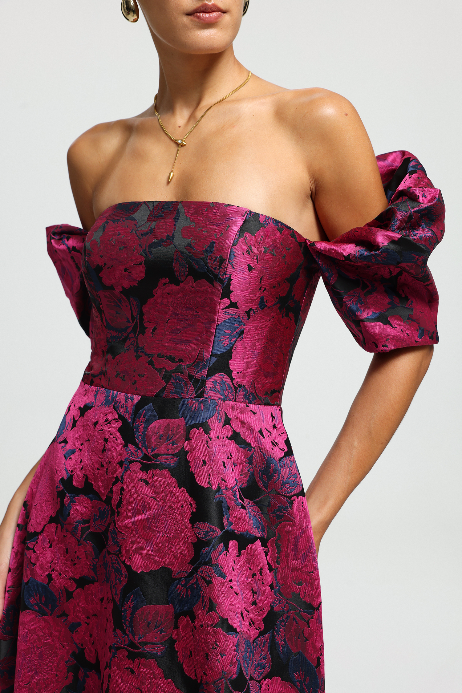 Off-Shoulder Puff Sleeve Jacquard Maxi Dress