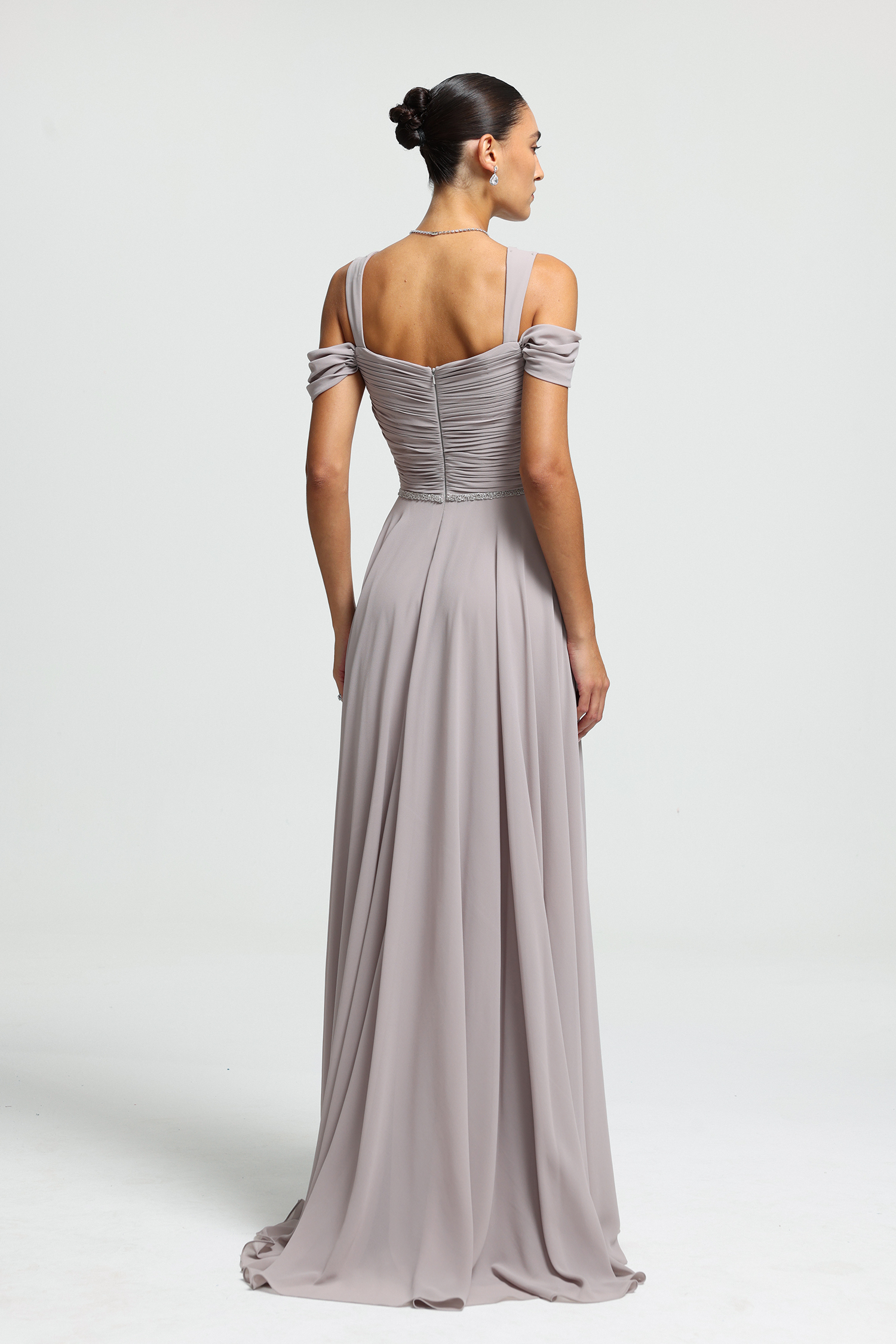 Beaded Strap Draped Chiffon Maxi Dress