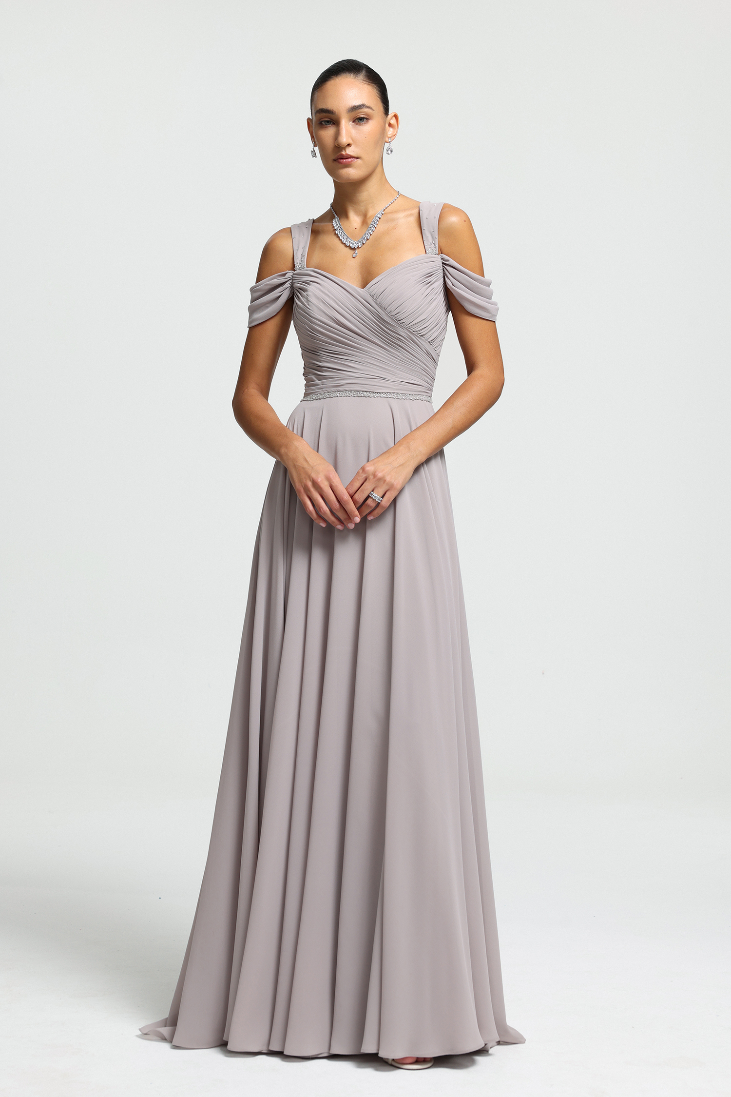 Beaded Strap Draped Chiffon Maxi Dress
