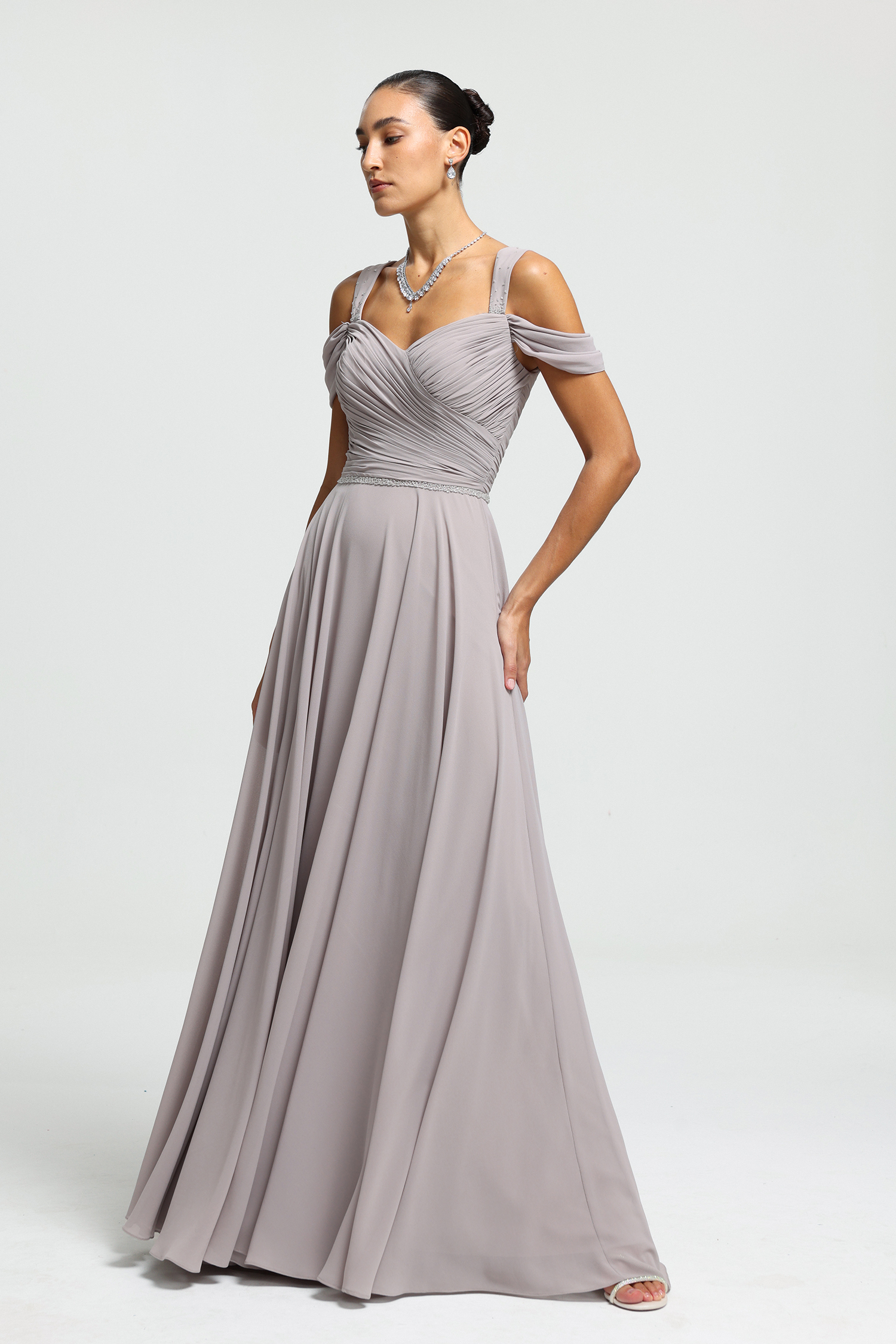 Beaded Strap Draped Chiffon Maxi Dress