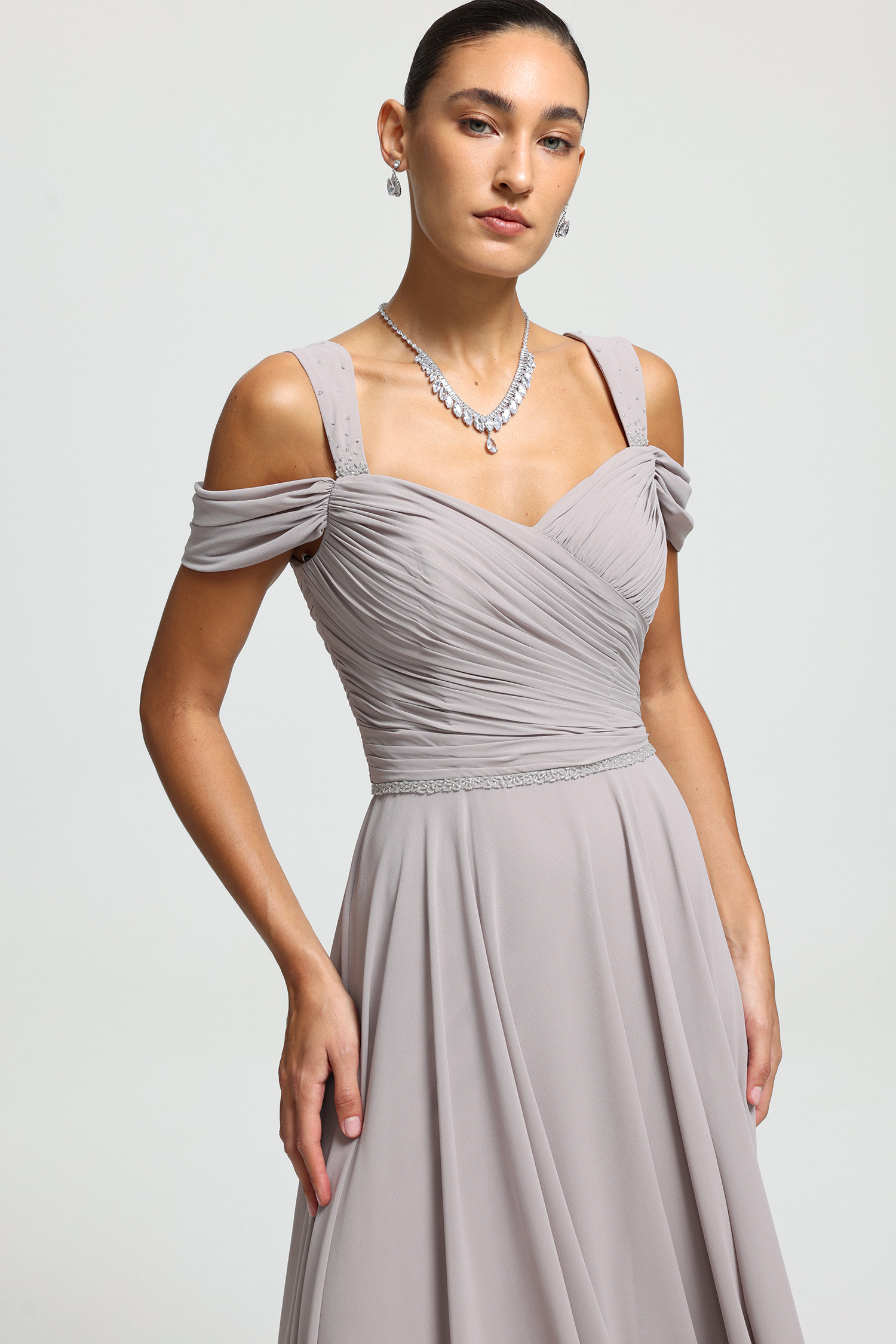 Beaded Strap Draped Chiffon Maxi Dress