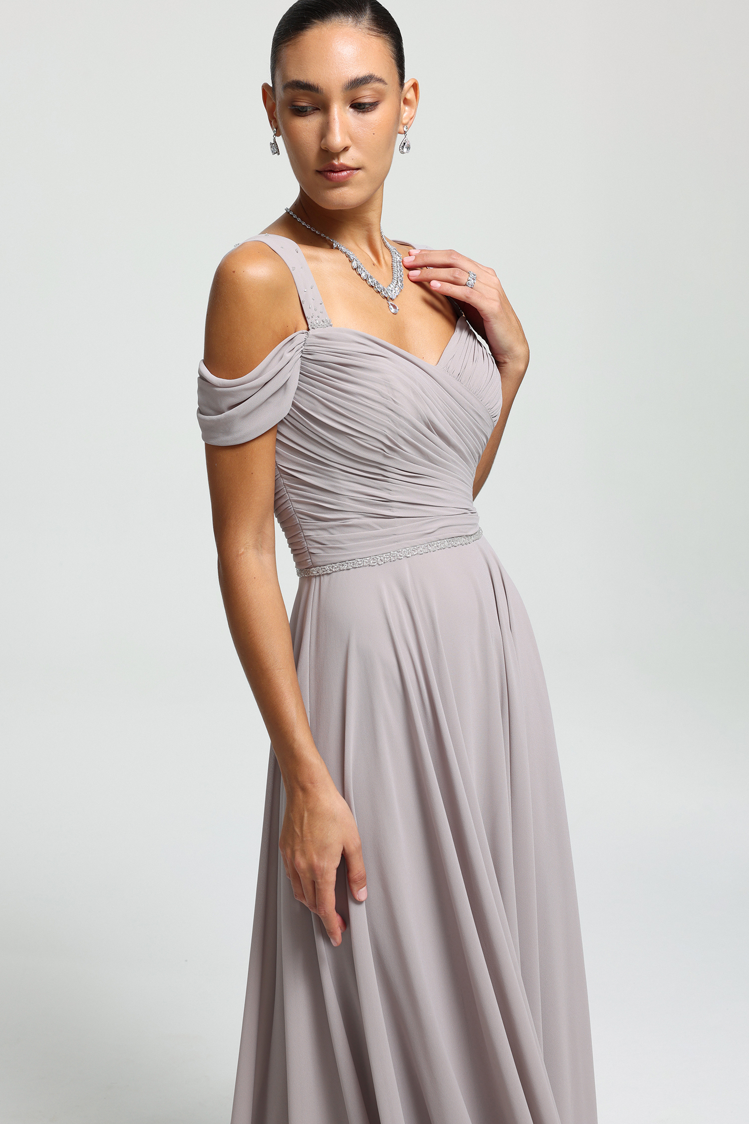 Beaded Strap Draped Chiffon Maxi Dress