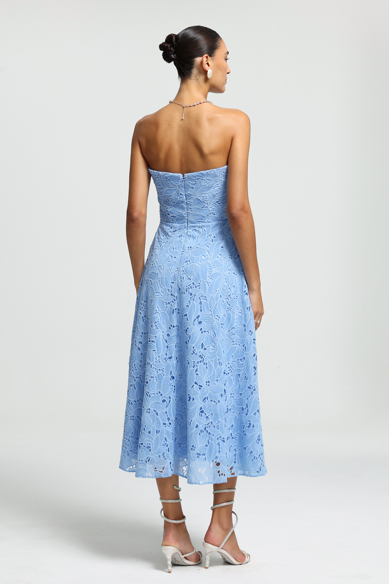 Strapless Floral Appliqué Lace Midi Dress