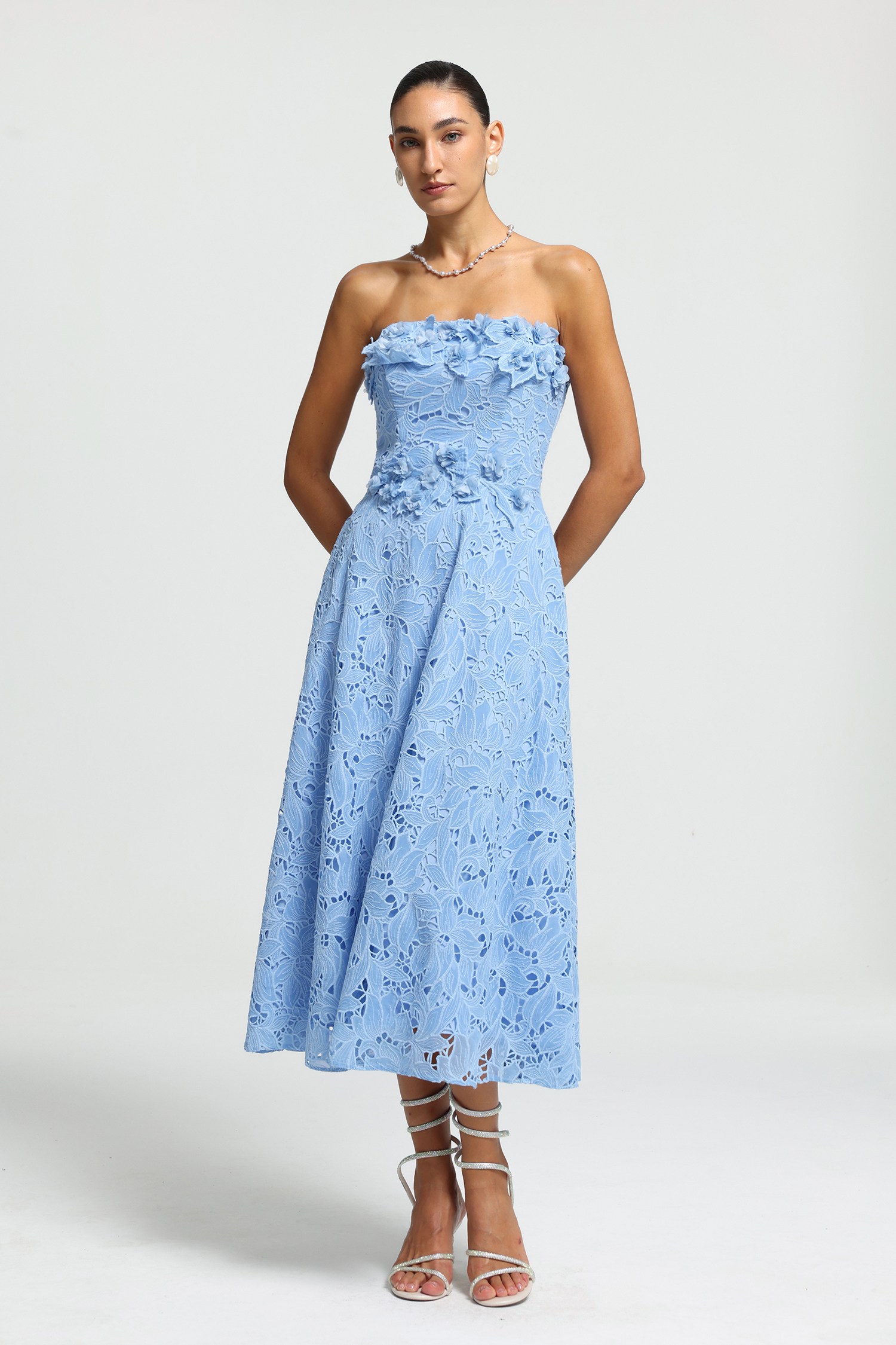 Strapless Floral Appliqué Lace Midi Dress