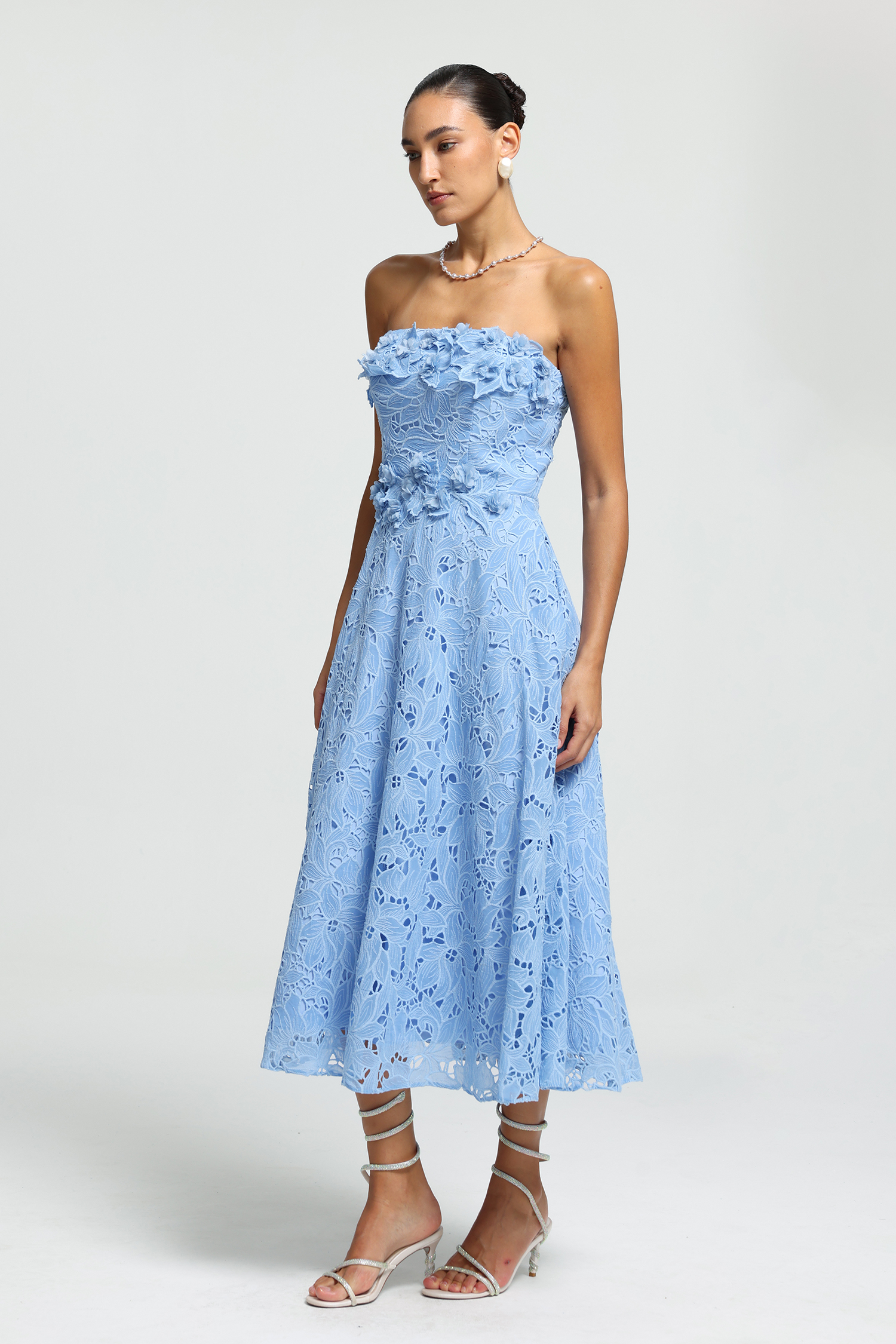 Strapless Floral Appliqué Lace Midi Dress