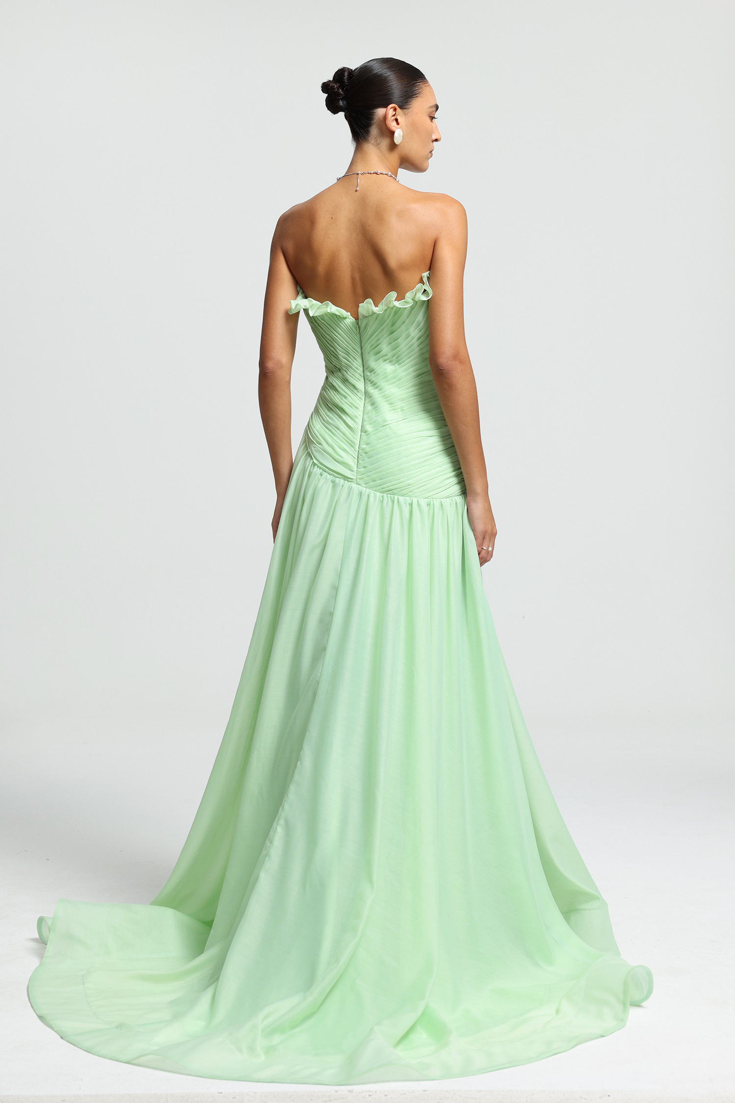 Ruffle-Trim Plunge Pleated Maxi Dress