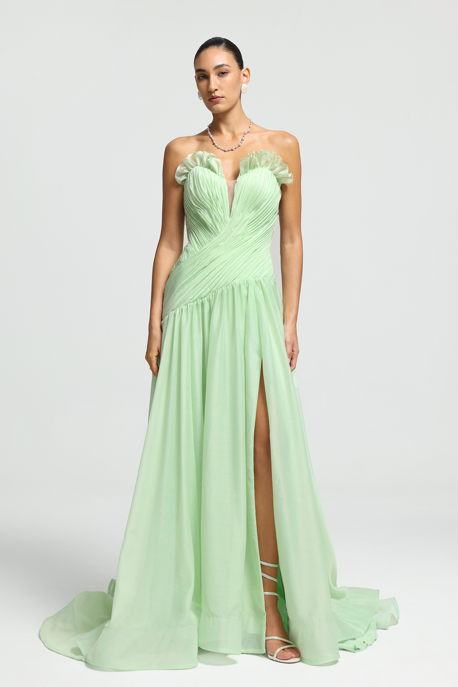Ruffle-Trim Plunge Pleated Maxi Dress