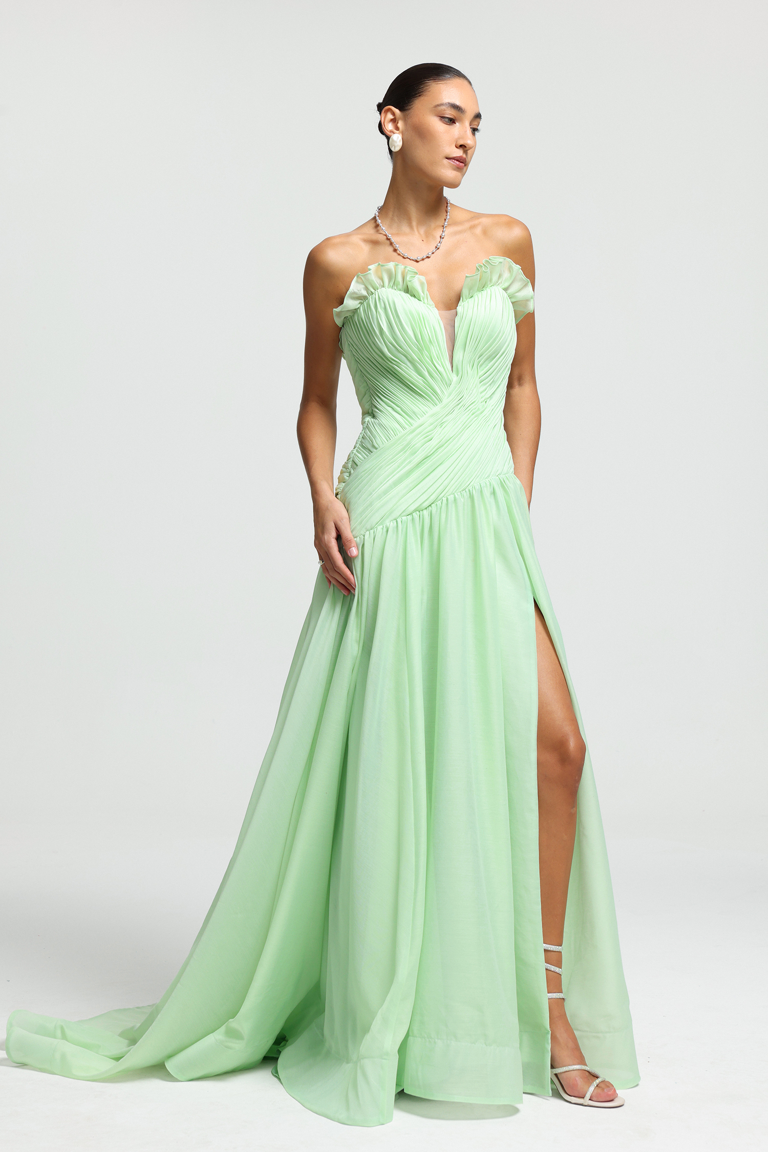 Ruffle-Trim Plunge Pleated Maxi Dress