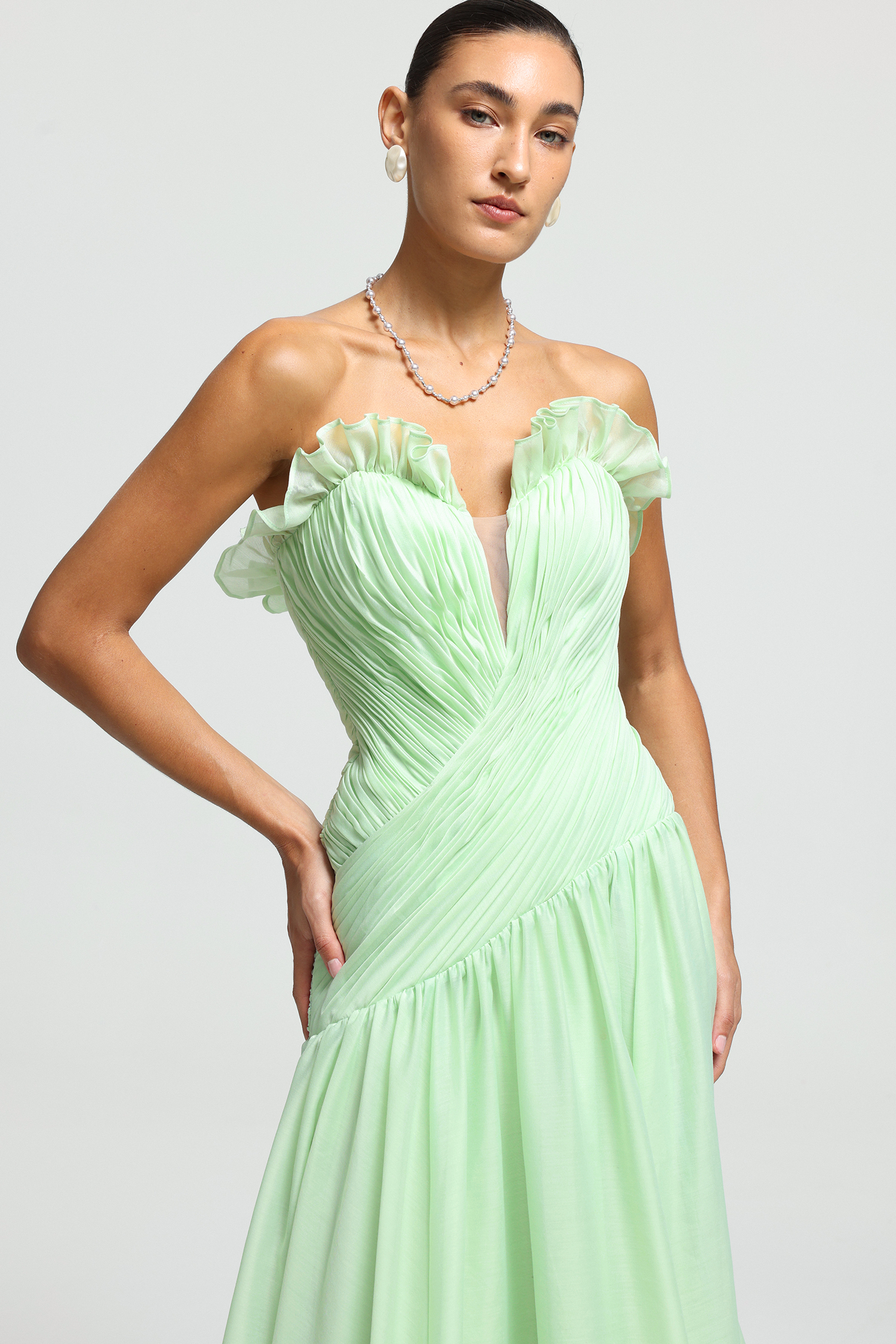 Ruffle-Trim Plunge Pleated Maxi Dress