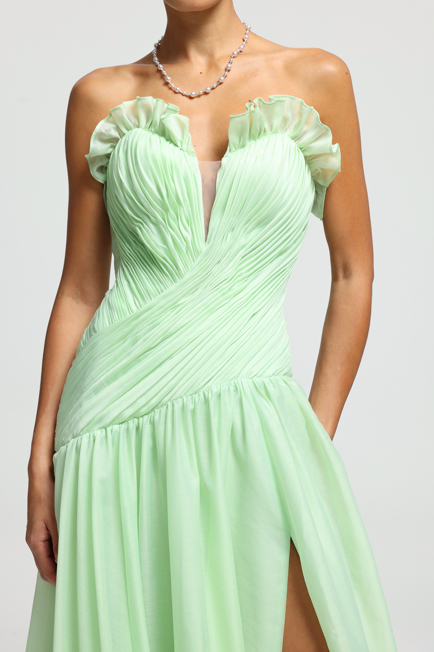 Ruffle-Trim Plunge Pleated Maxi Dress