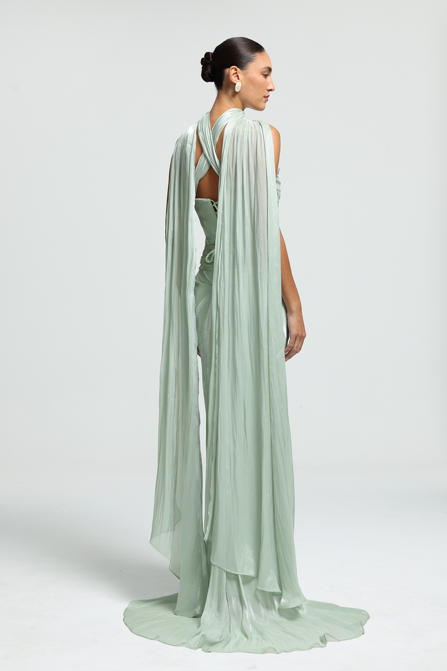 Sweetheart Ruched Flowing-Tie Maxi Dress