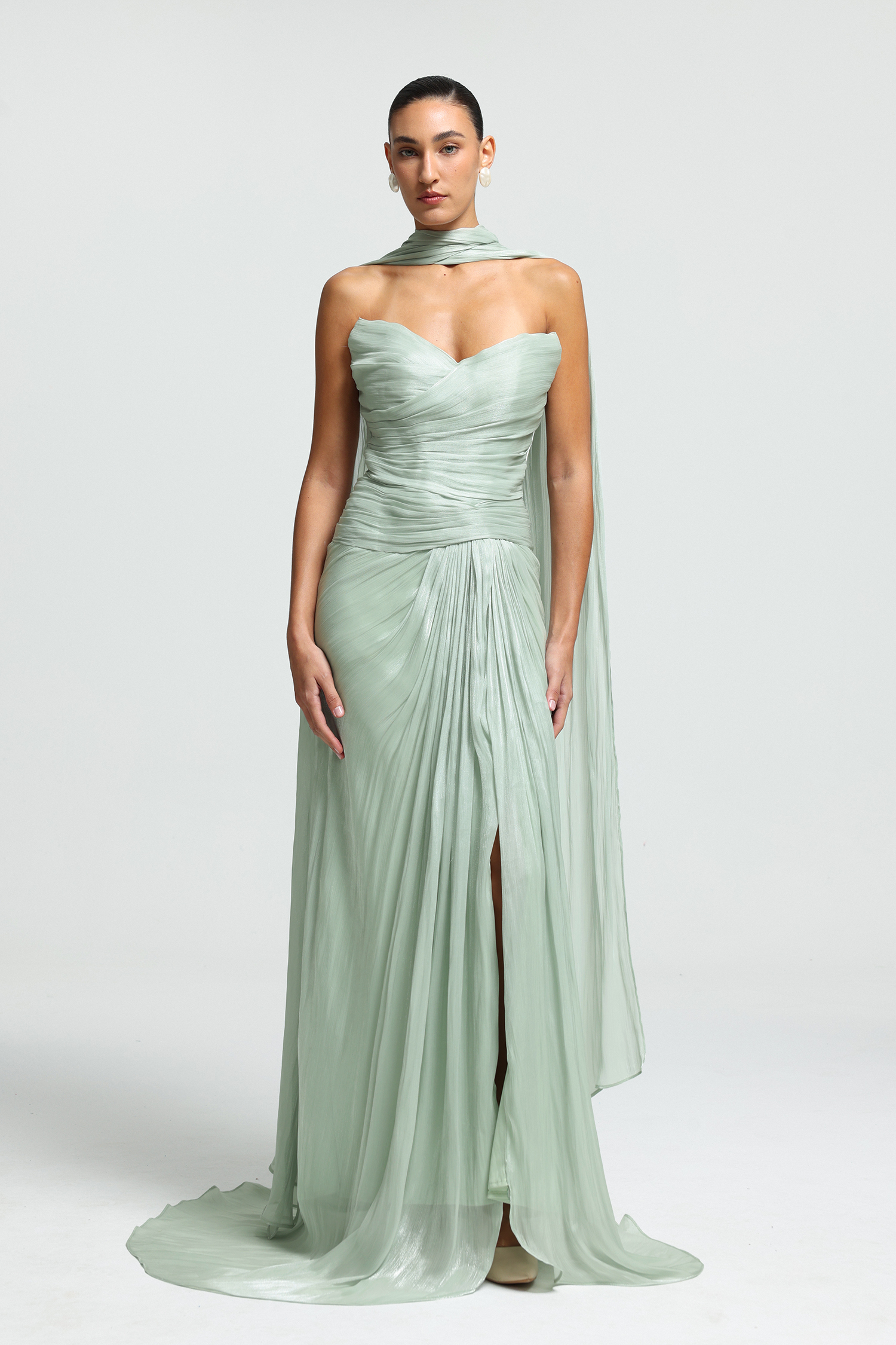Sweetheart Ruched Flowing-Tie Maxi Dress
