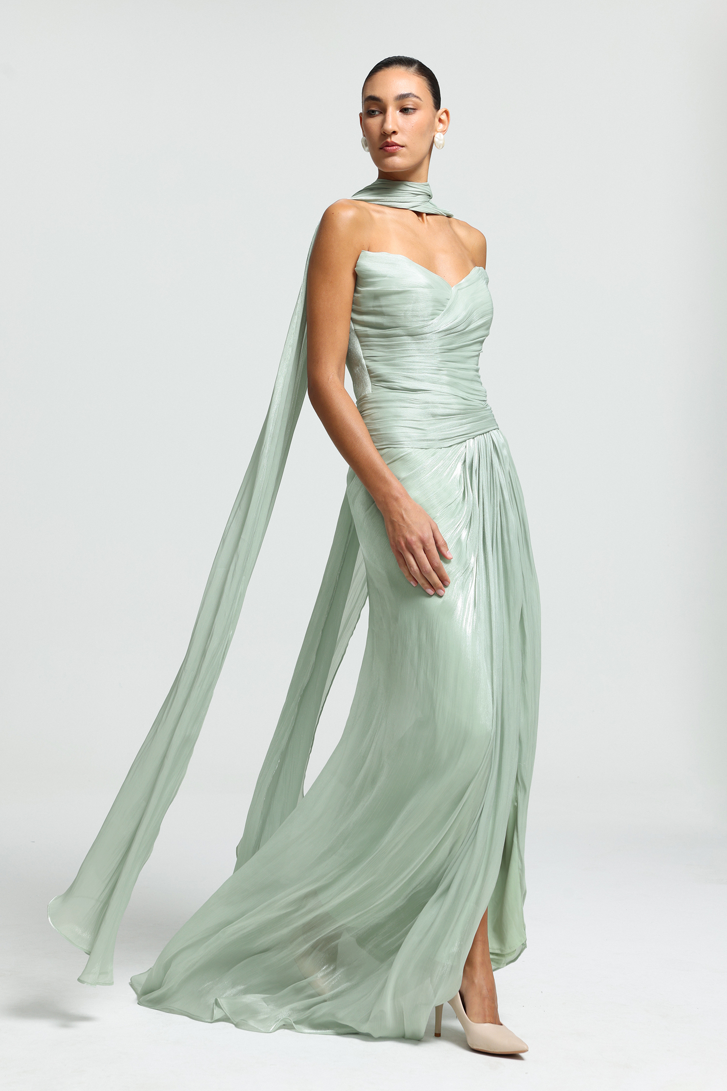 Sweetheart Ruched Flowing-Tie Maxi Dress