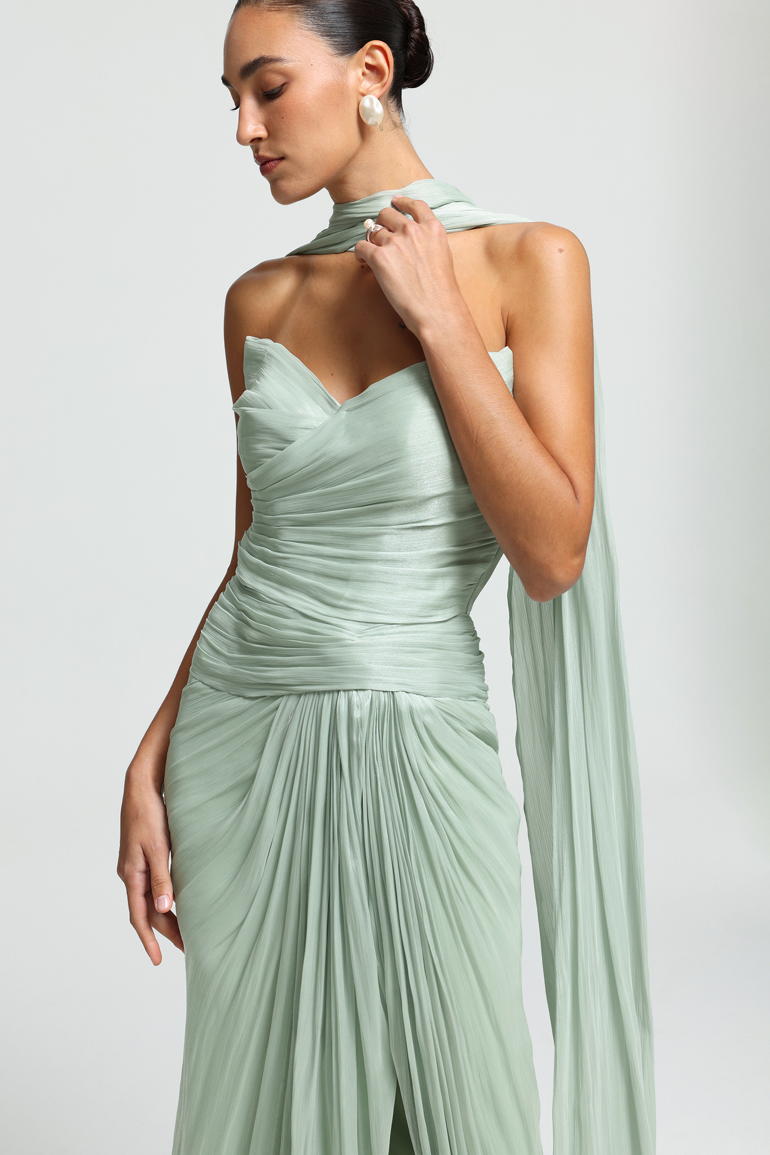 Sweetheart Ruched Flowing-Tie Maxi Dress